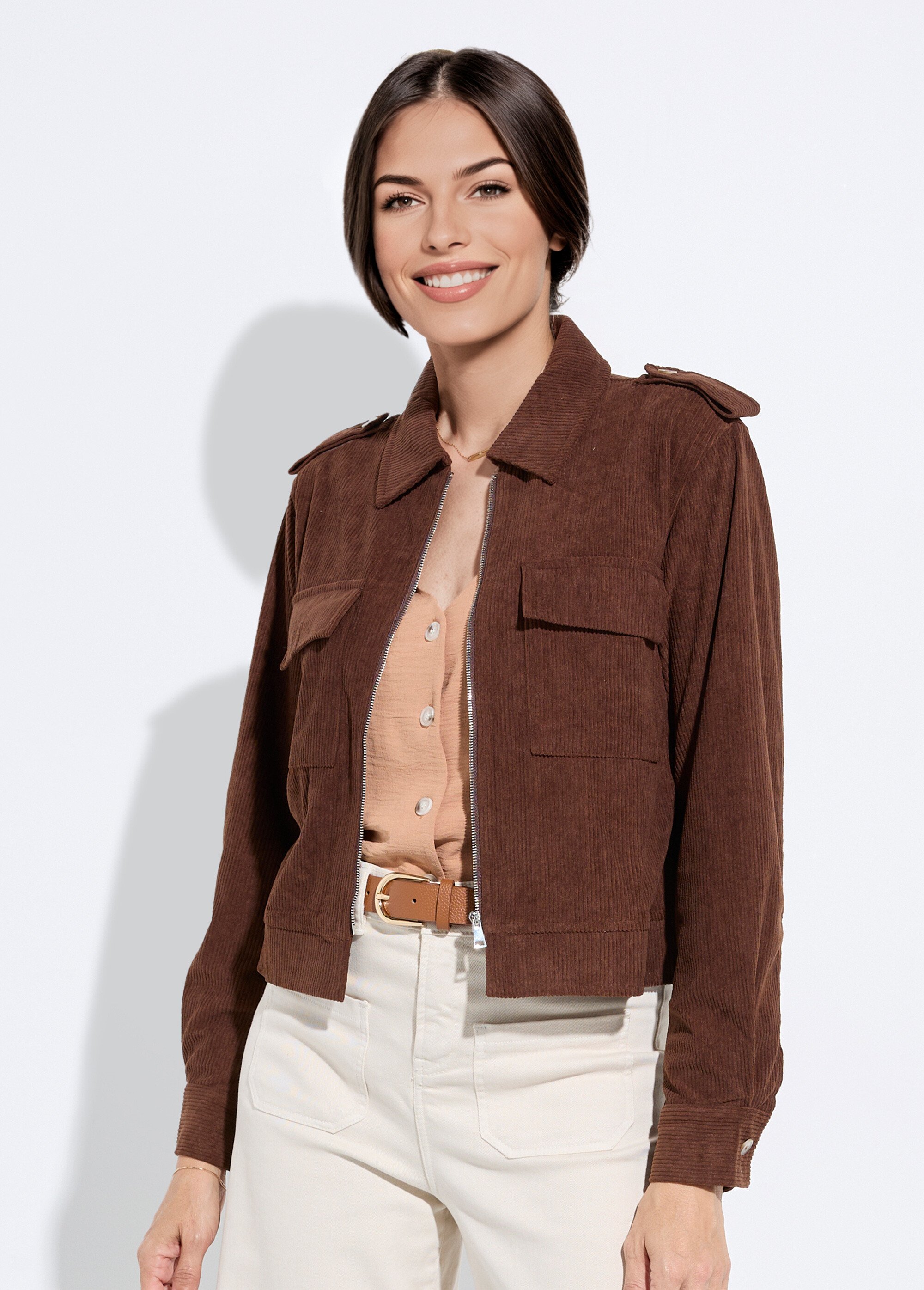 Blouson zippé court velours grosses cotes Femme Marron IA-Q3231 FA1