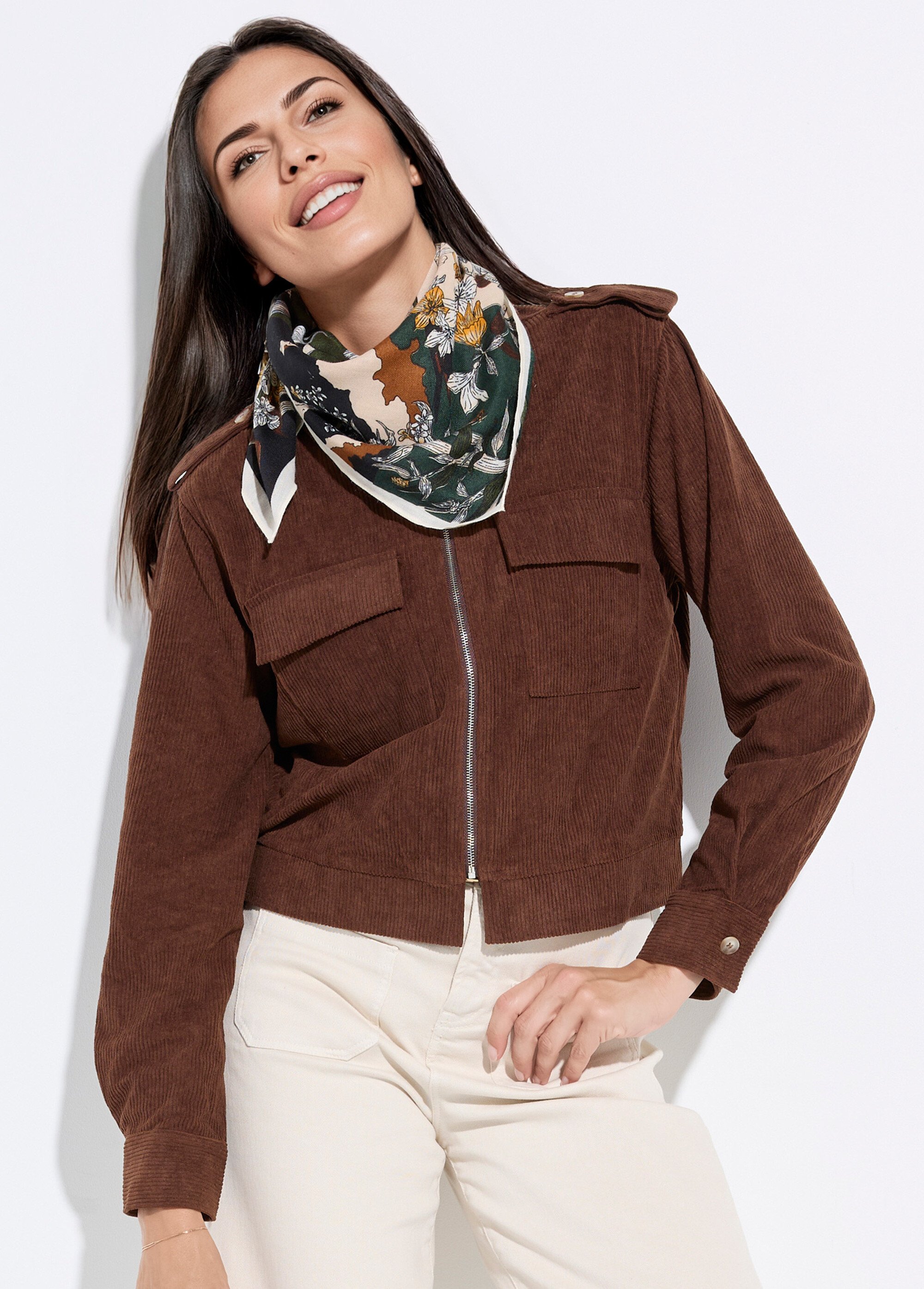 Blouson zippé court velours grosses cotes Femme Marron IA-Q3231 MV1
