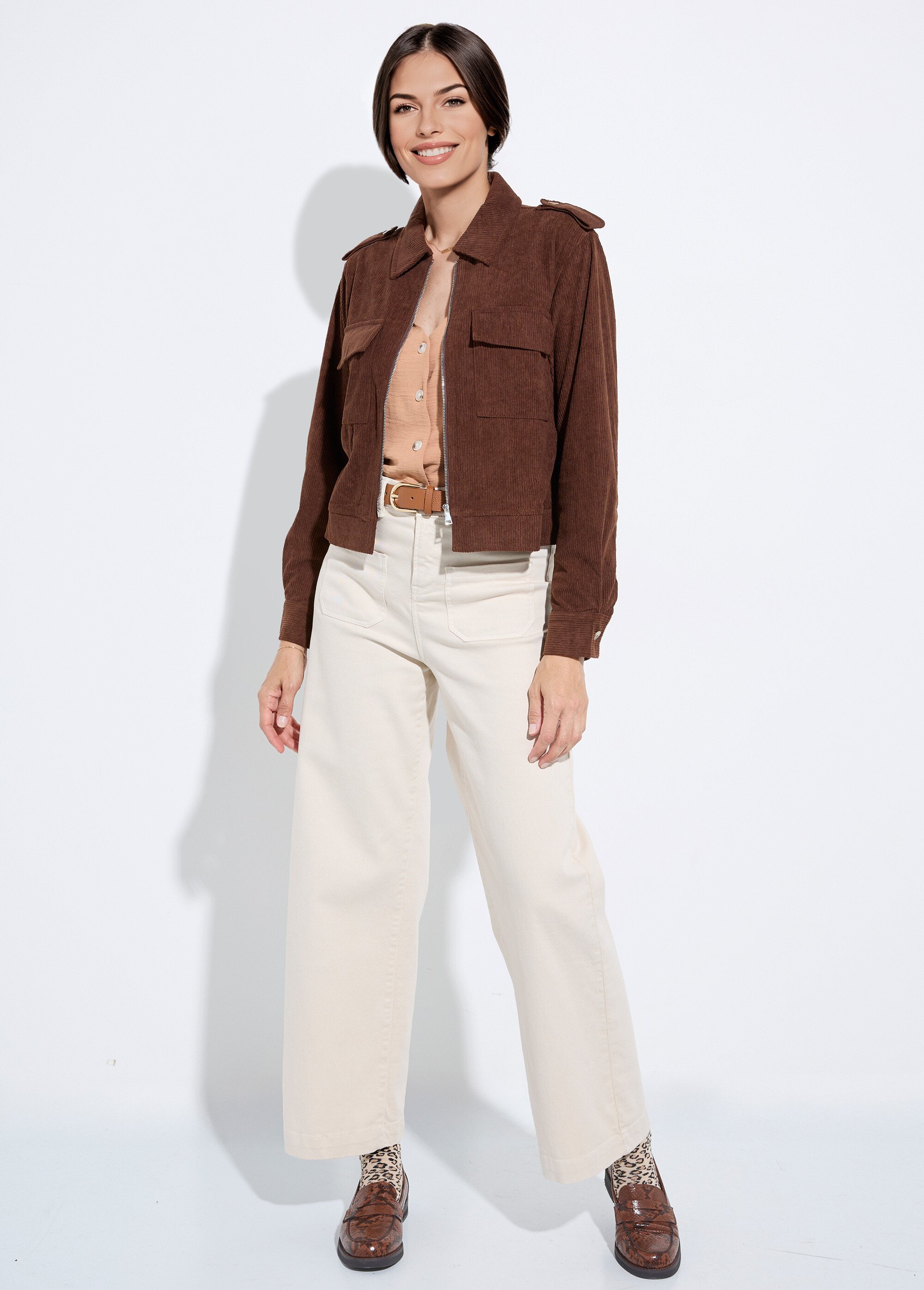 Blouson zippé court velours grosses cotes Femme Marron IA-Q3231 SF1