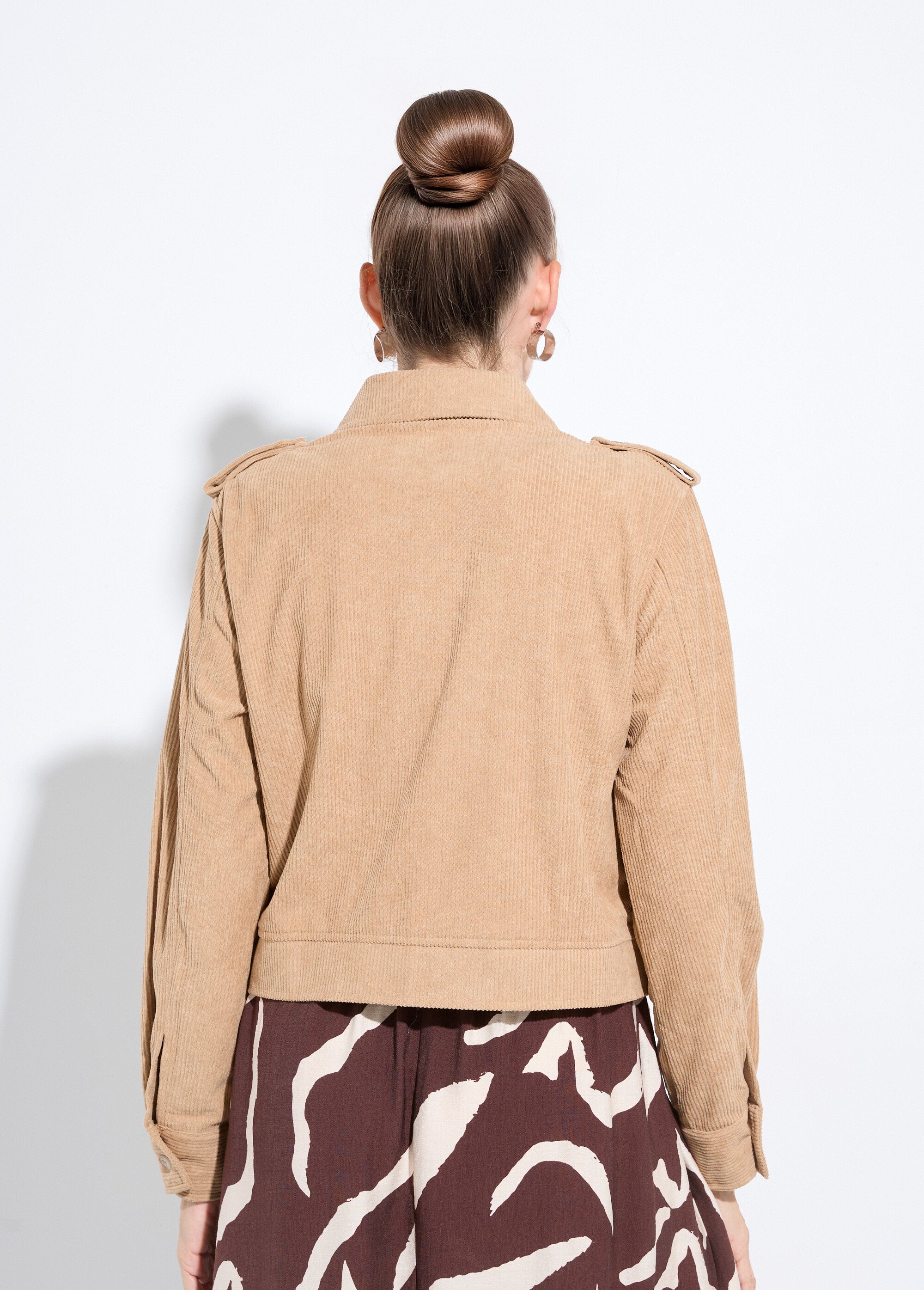 Blouson zippé court velours grosses cotes Femme Beige IA-Q3231 DO1