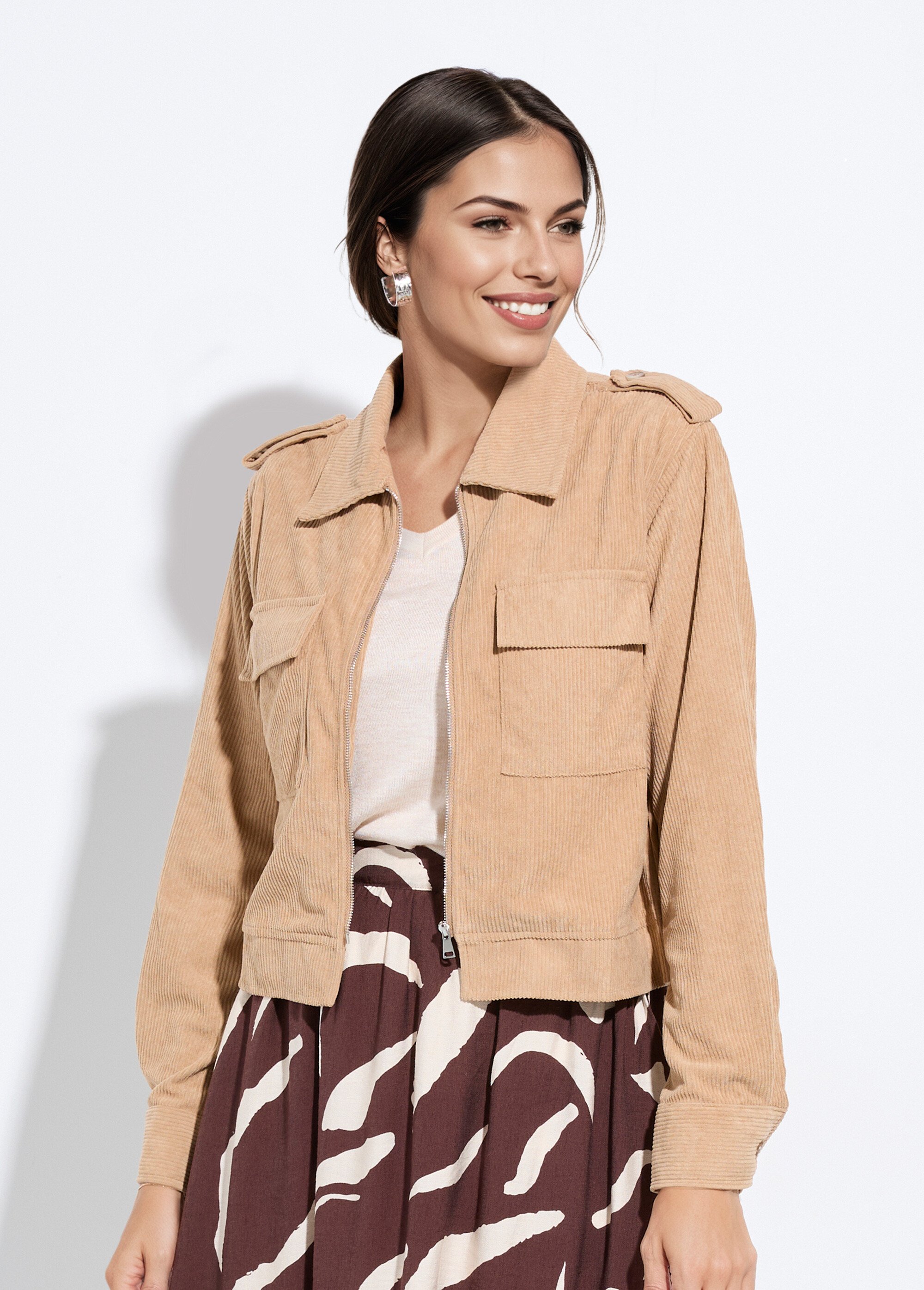 Blouson zippé court velours grosses cotes Femme Beige IA-Q3231 FA1