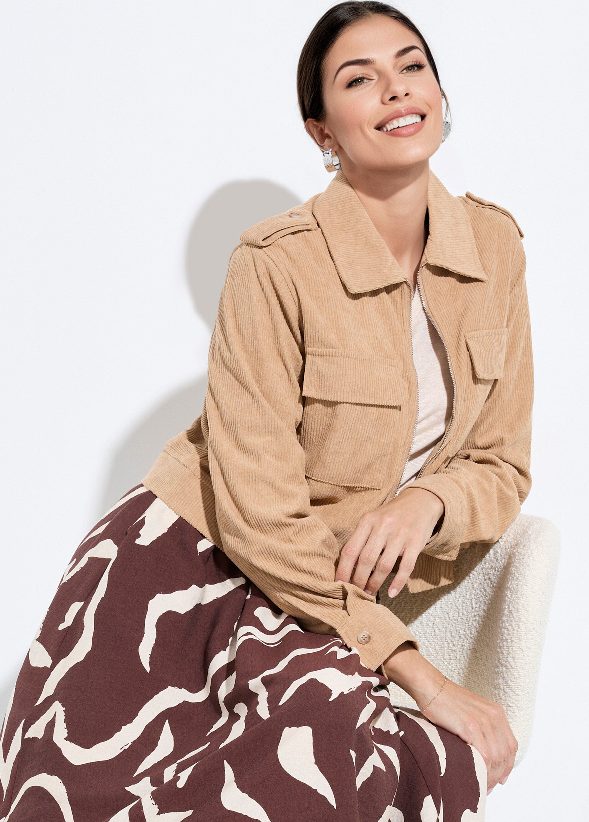 Blouson zippé court velours grosses cotes Femme Beige IA-Q3231 MV1