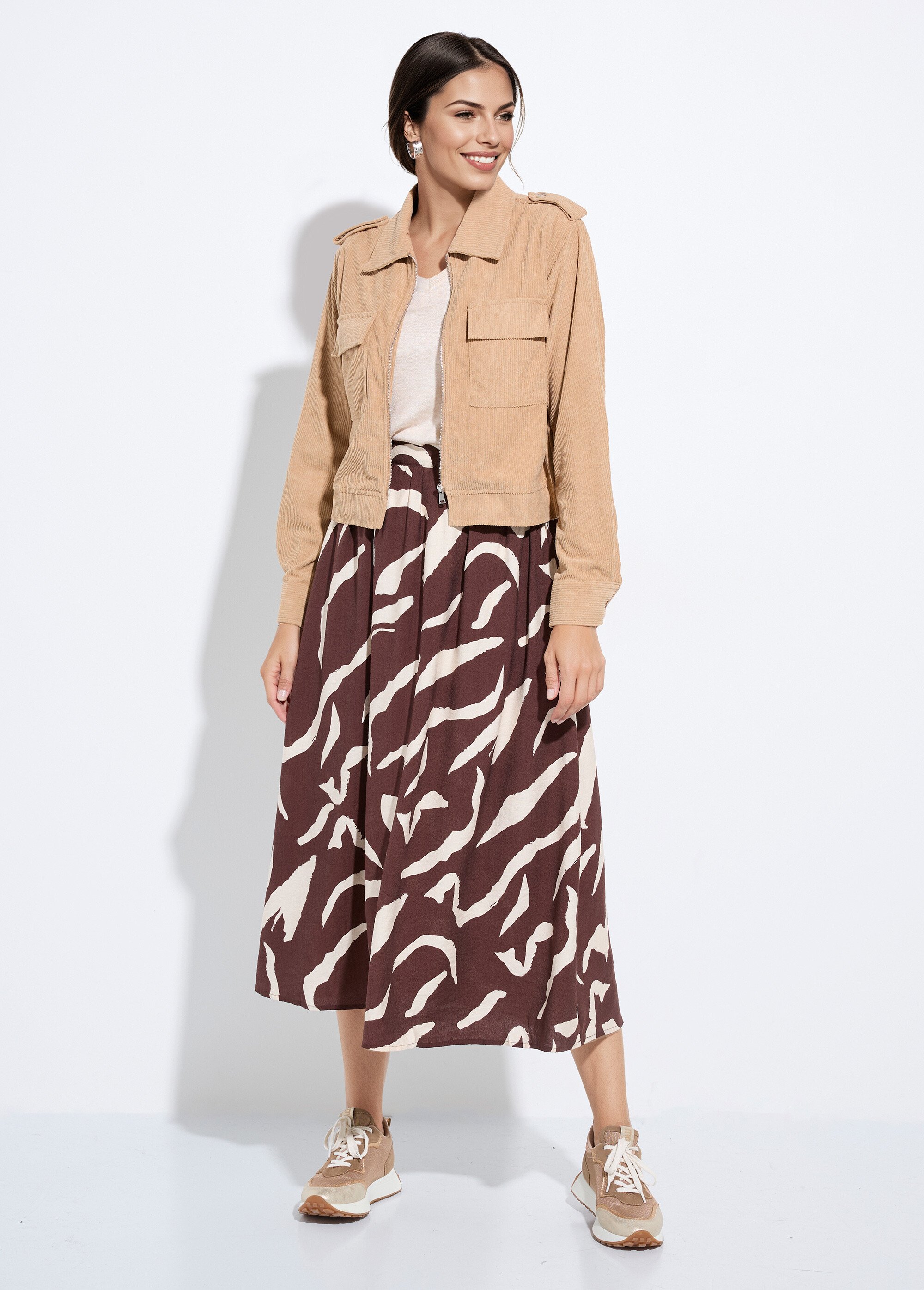 Blouson zippé court velours grosses cotes Femme Beige IA-Q3231 SF1