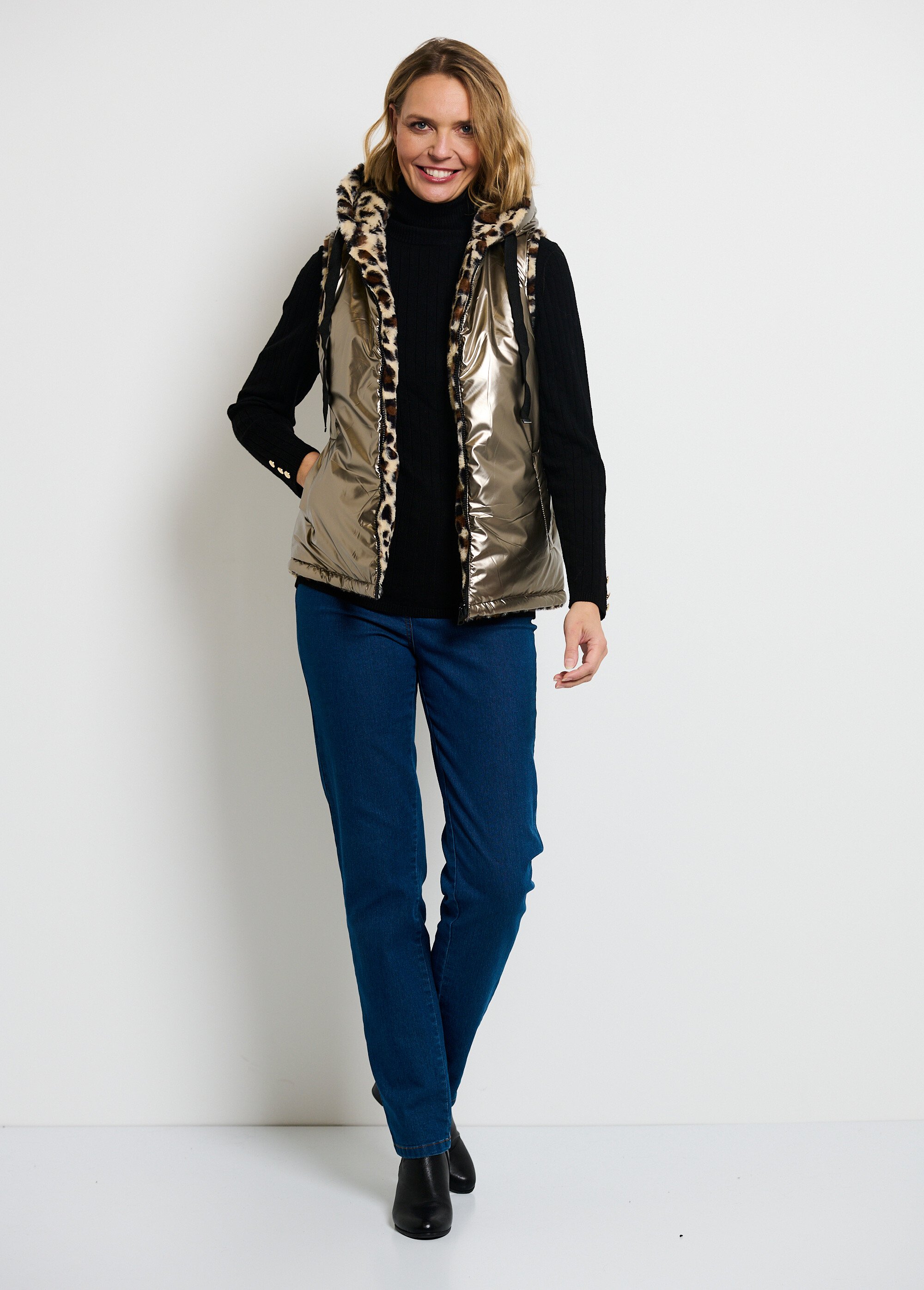 Manteau Gilet Sans Manche Femme Avec Capuche Doudoune Réversible à - Main Image