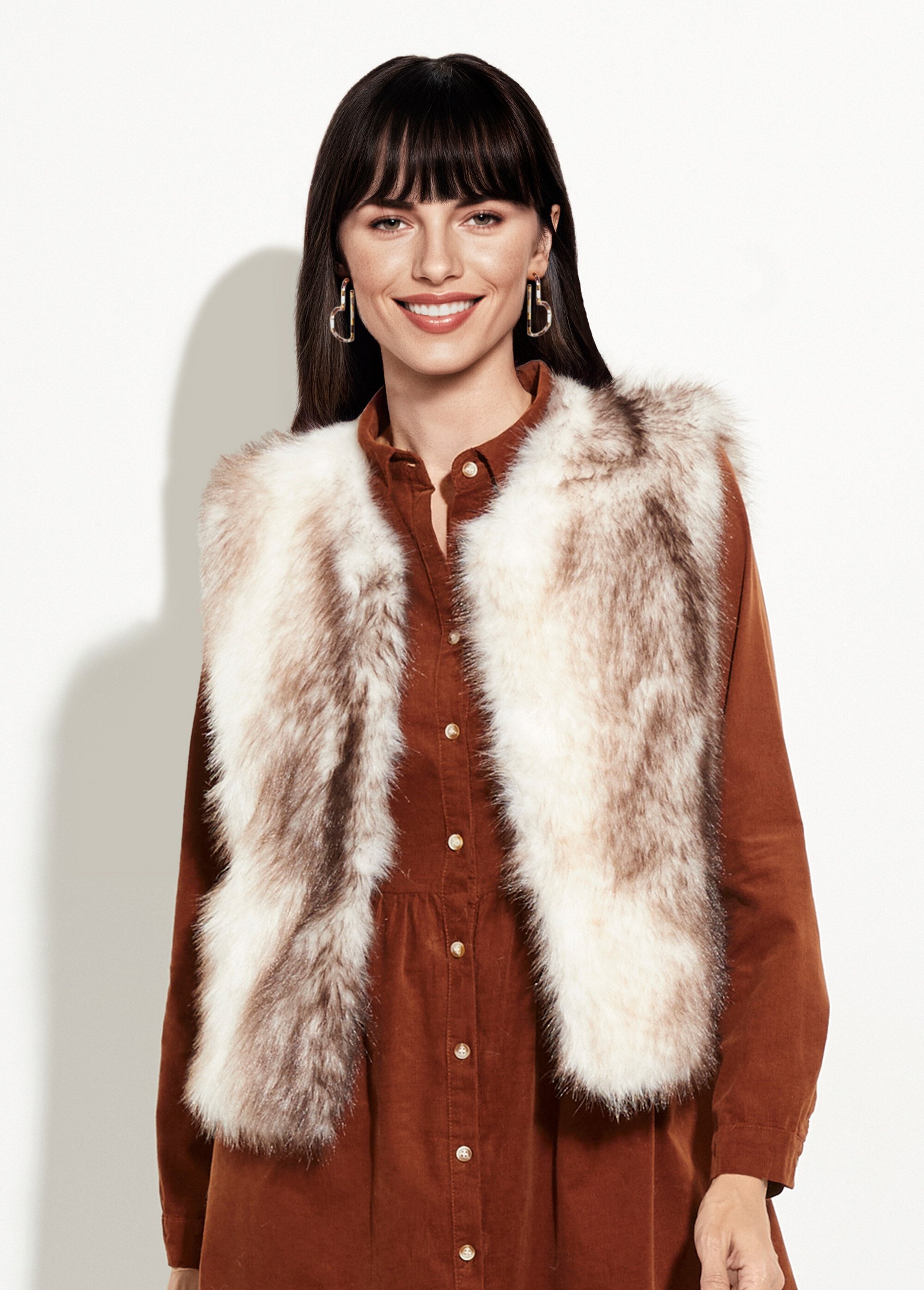 Gilet en fausse fourrure sans manches Femme Beige IA-Z018 FA1