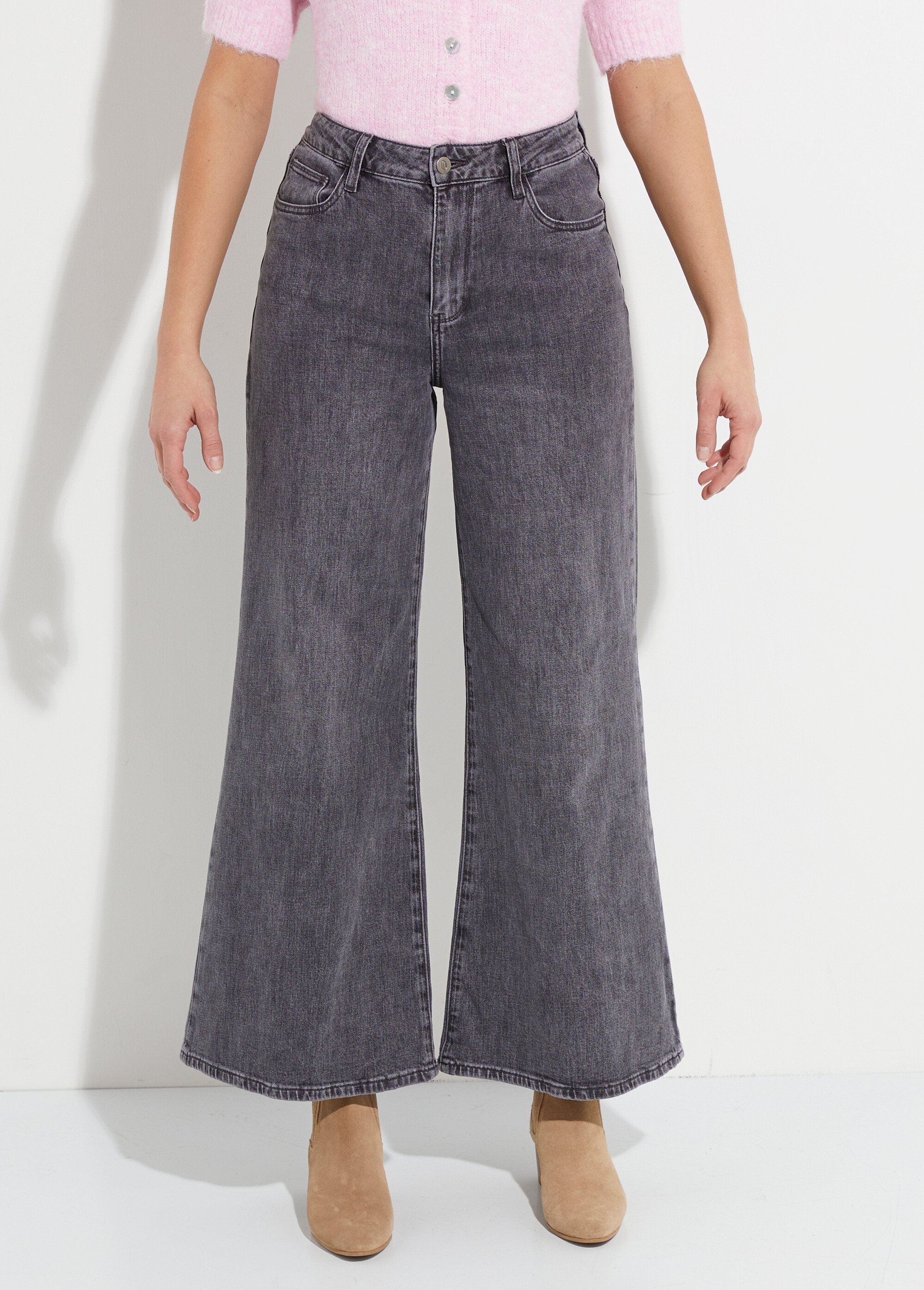 Jean coupe très large, spécial PETITE Femme Gris OR-JD573 FA1