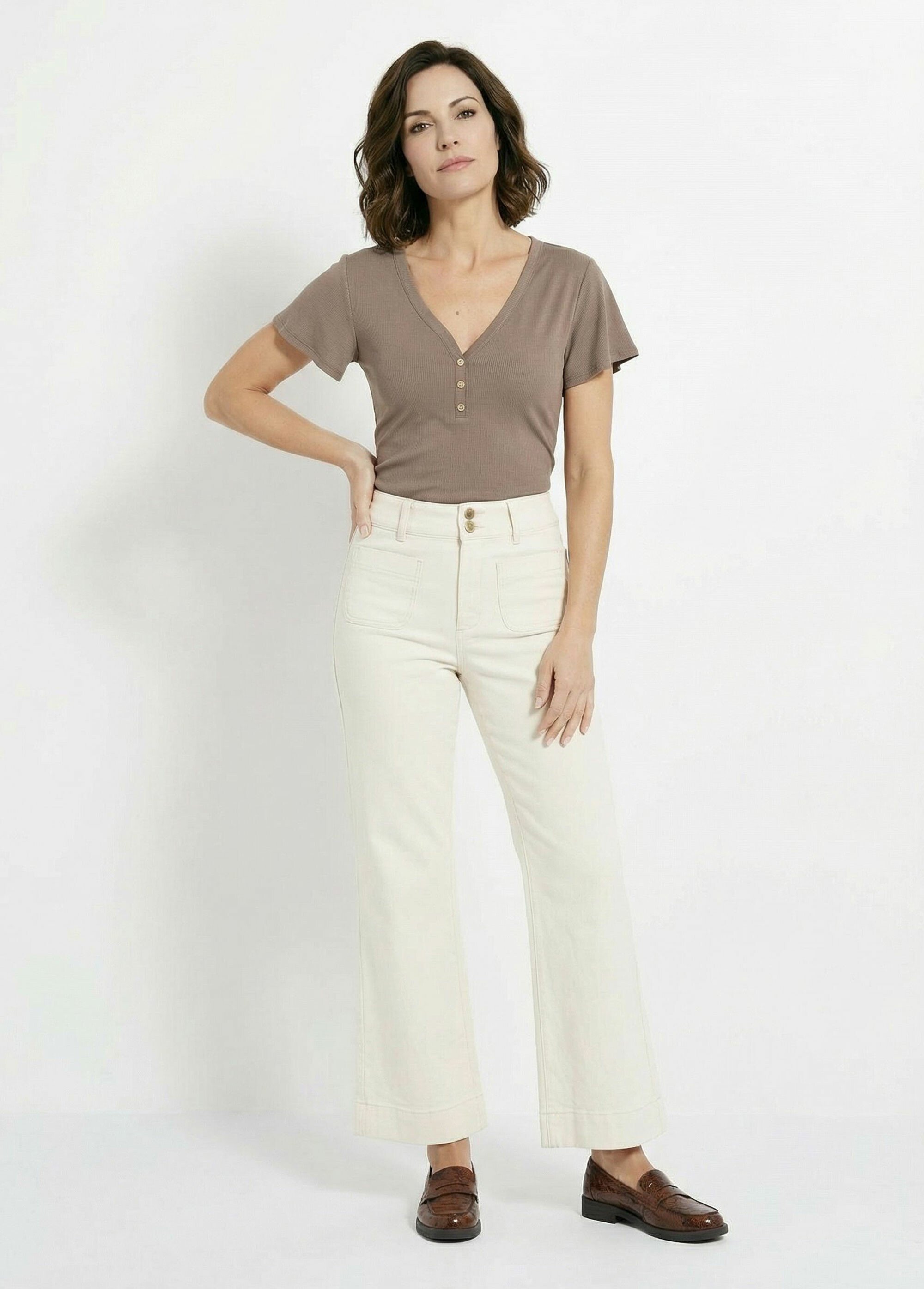 Jean flare taille haute, spécial PETITE Femme Beige OR-JD474 SF1