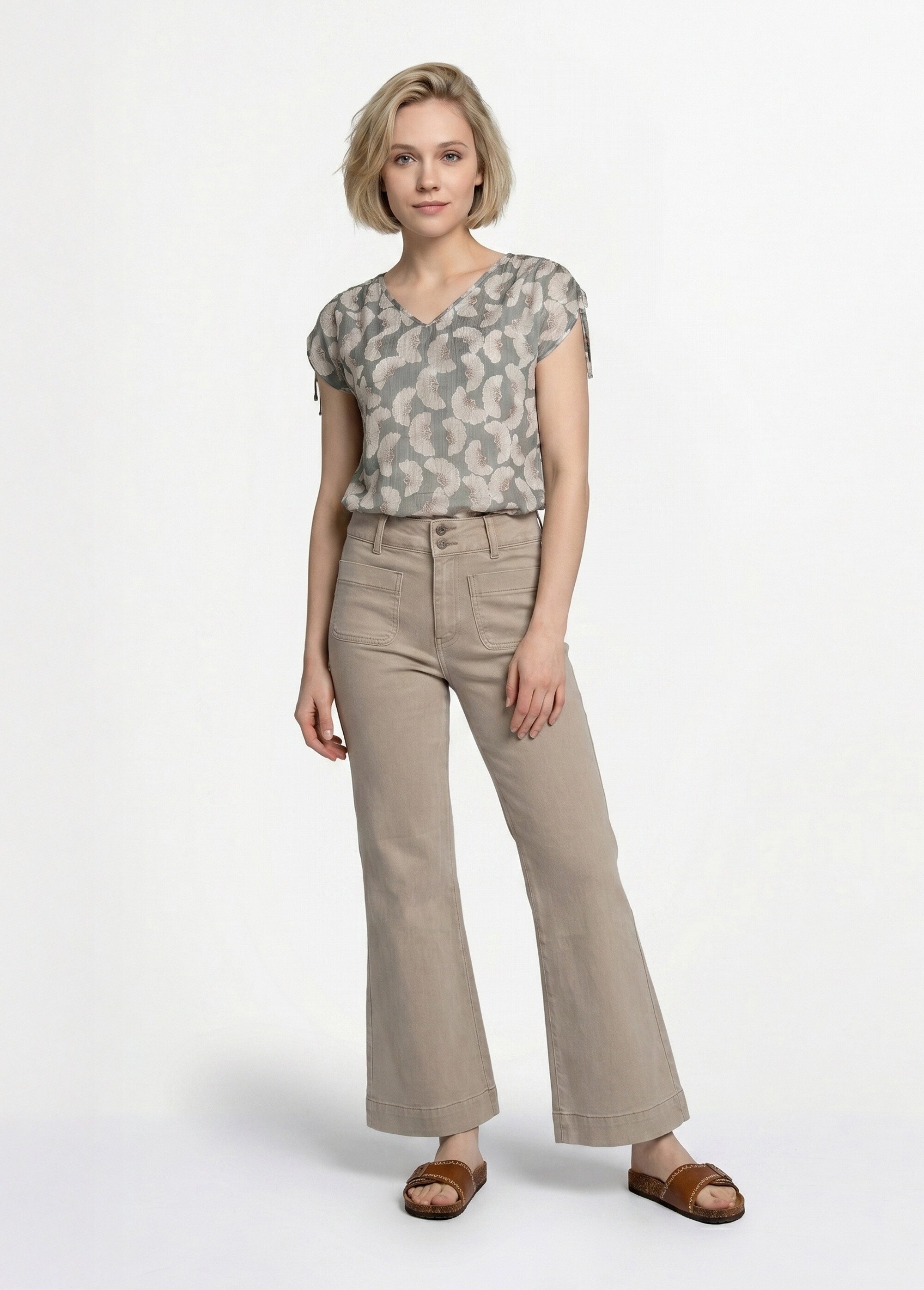 Jean flare taille haute, spécial PETITE Femme Beige OR-JD474 SI1