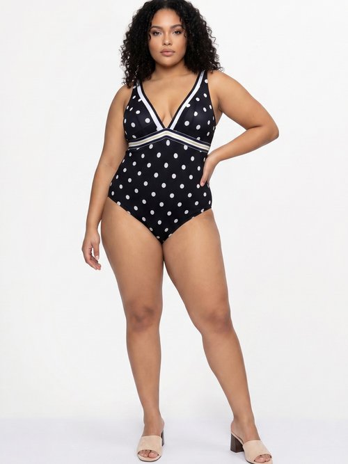 Maillot de bain 1 pièce impimé pois Femme Grande Taille NOIR POIS BLANC SUN-VW1546 SI1