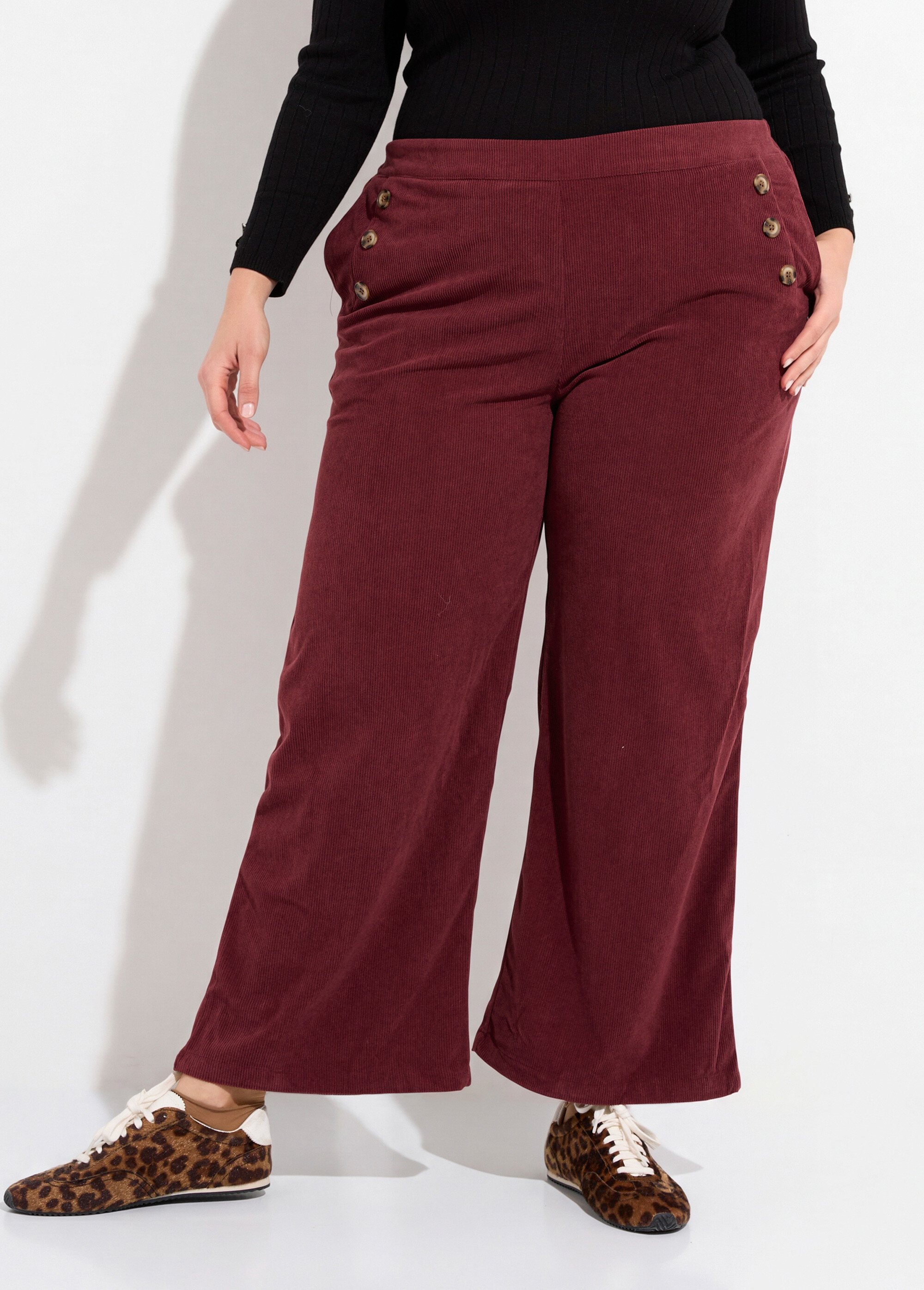 Pantalon à pont en velours grosses cotes Femme Grande Taille Rouge MA-M1110-1653 FA1