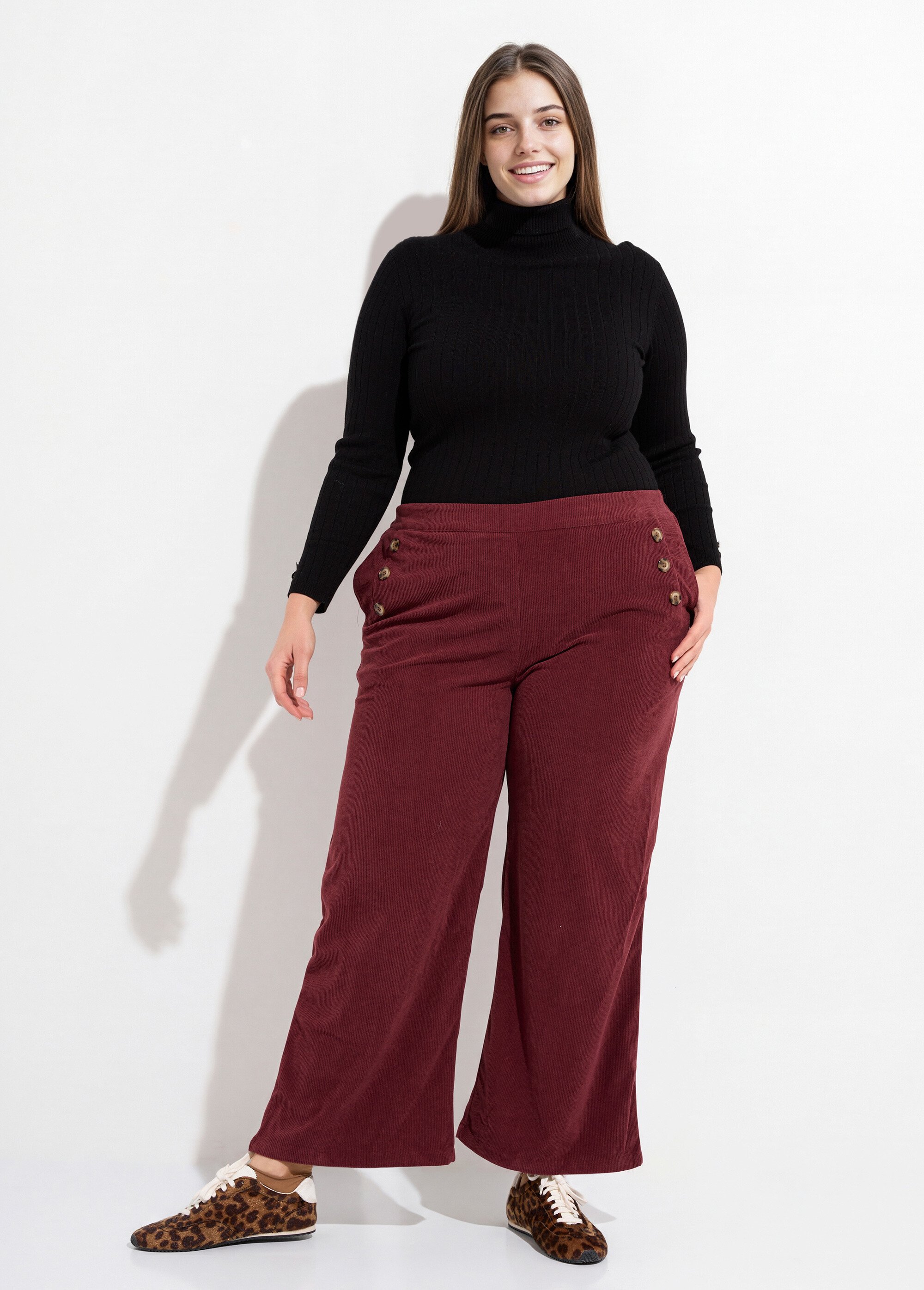 Pantalon à pont en velours grosses cotes Femme Grande Taille Rouge MA-M1110-1653 SF1