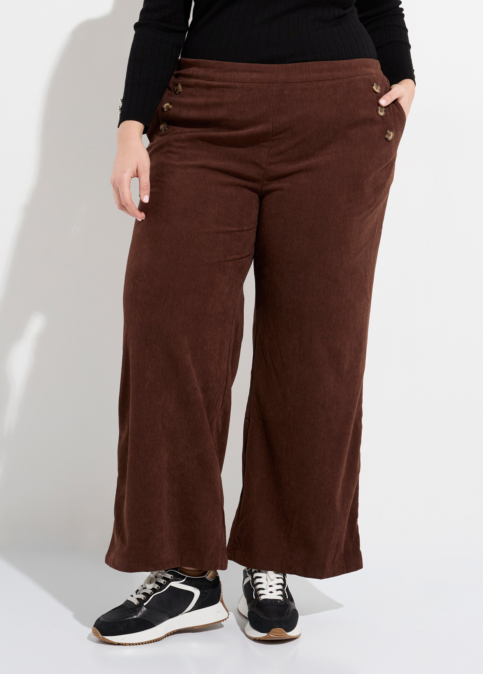 Pantalon à pont en velours grosses cotes Femme Grande Taille Marron MA-M1110-1653 FA1
