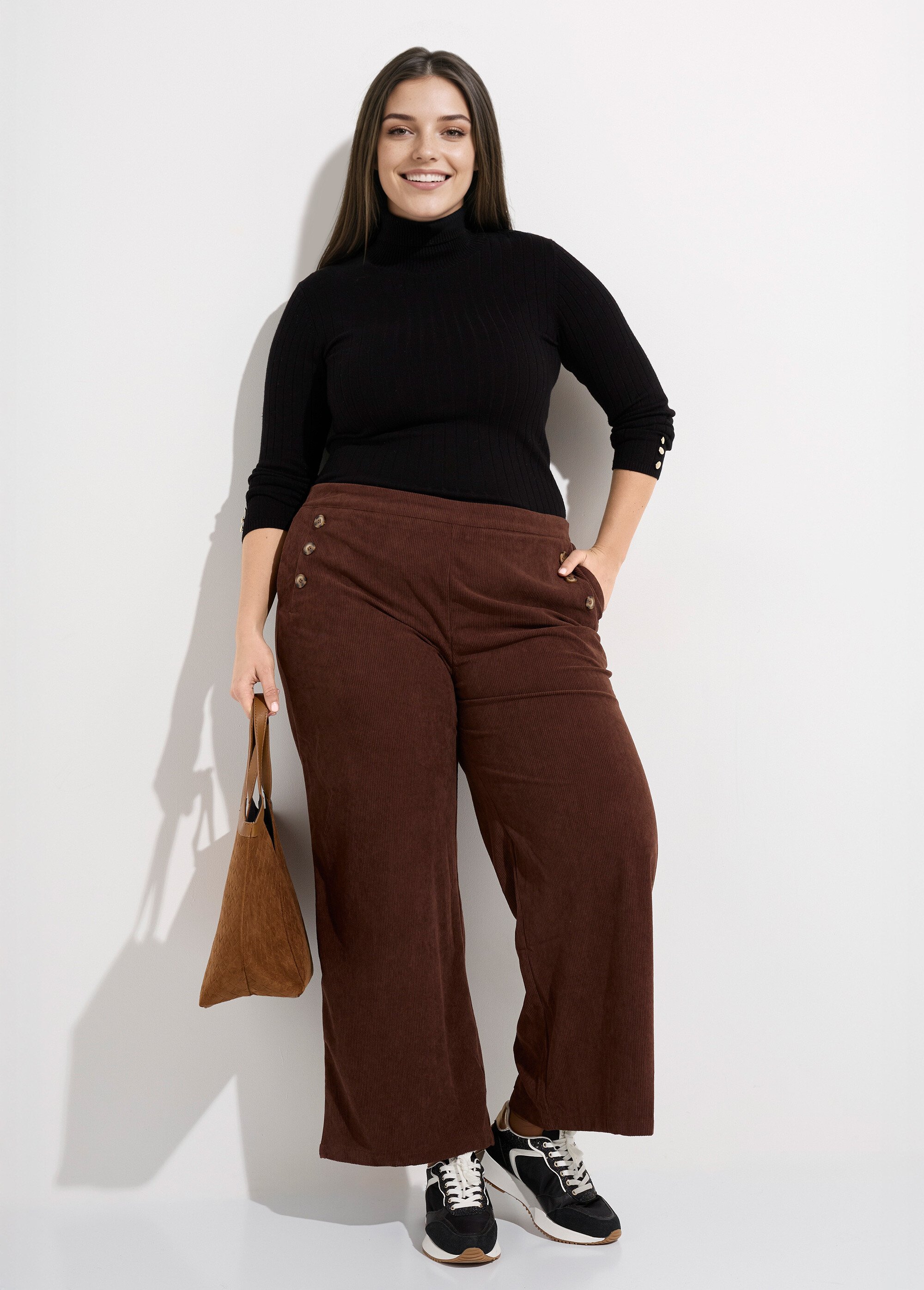 Pantalon à pont en velours grosses cotes Femme Grande Taille Marron MA-M1110-1653 MV1