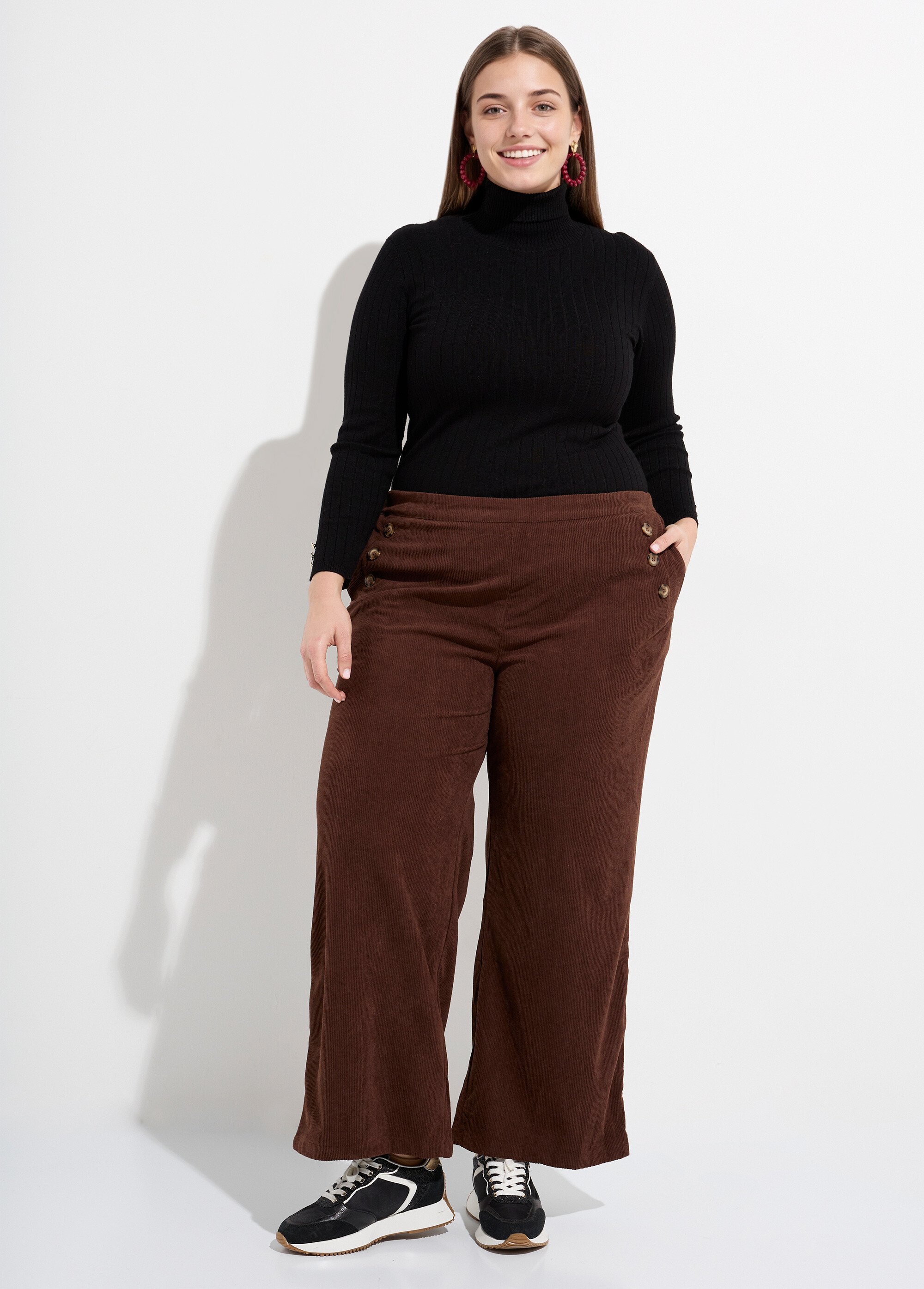 Pantalon à pont en velours grosses cotes Femme Grande Taille Marron MA-M1110-1653 SF1