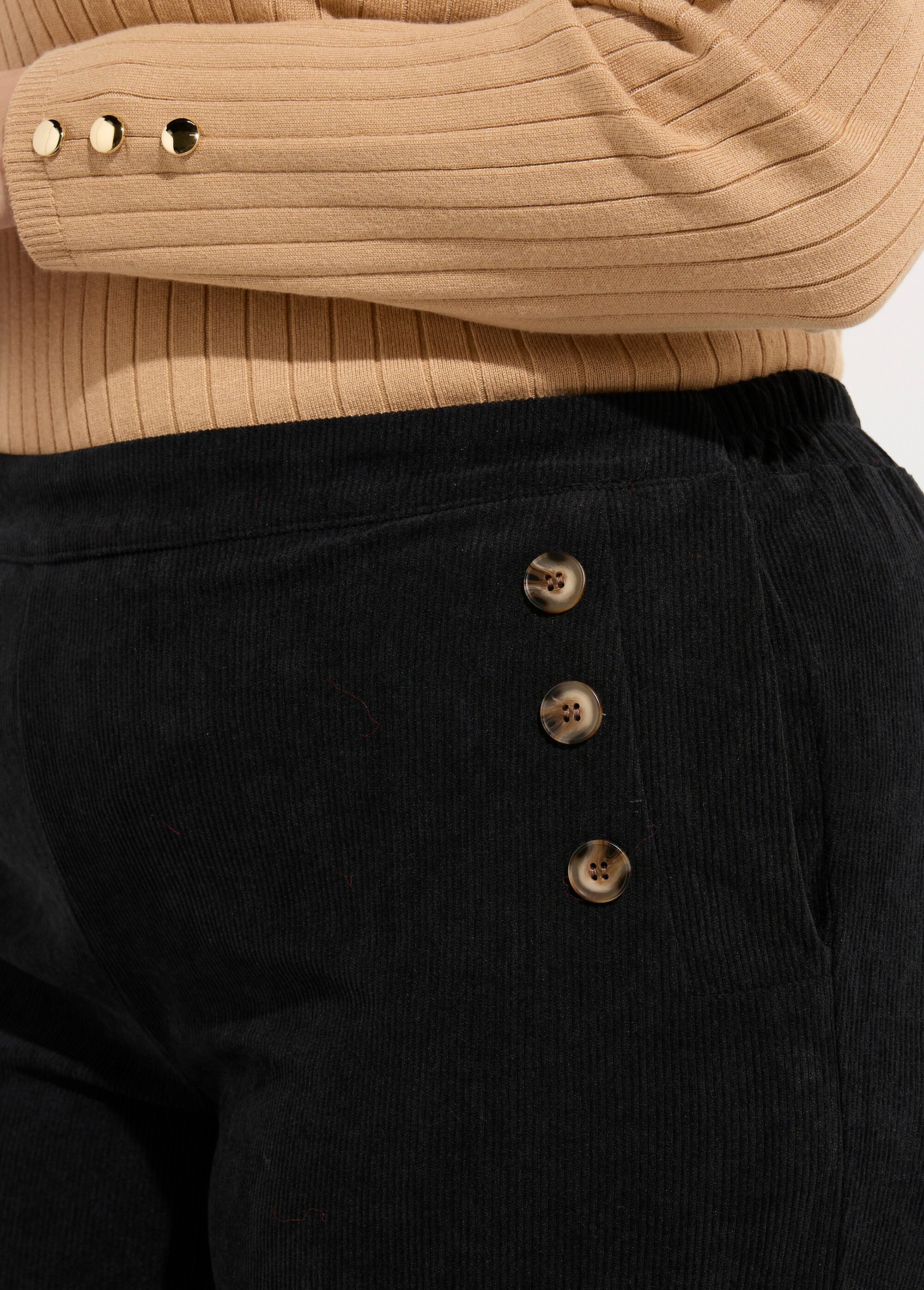 Pantalon à pont en velours grosses cotes Femme Grande Taille Noir MA-M1110-1653 DE1