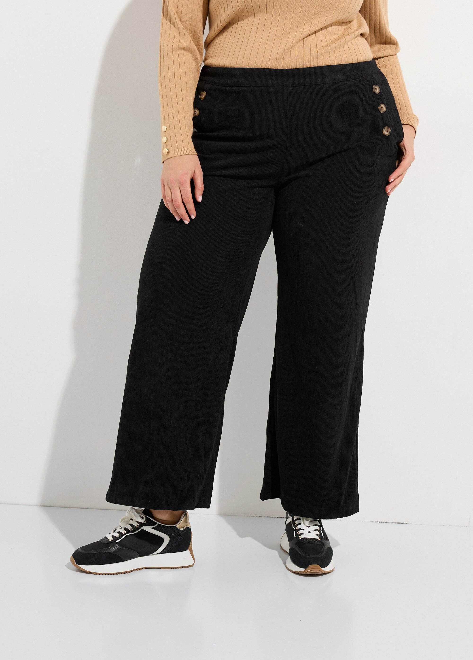 Pantalon à pont en velours grosses cotes Femme Grande Taille Noir MA-M1110-1653 FA1