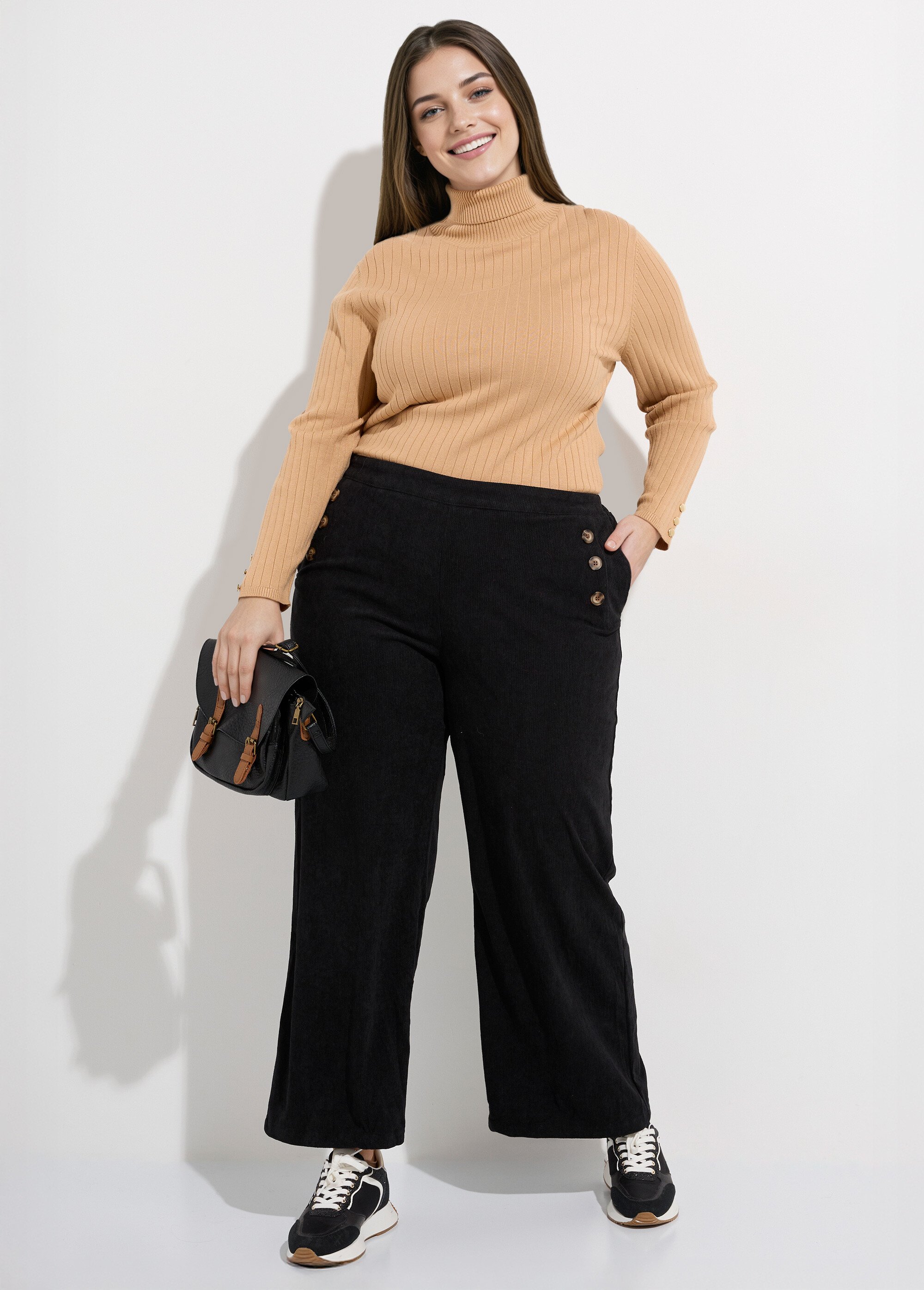 Pantalon à pont en velours grosses cotes Femme Grande Taille Noir MA-M1110-1653 MV1