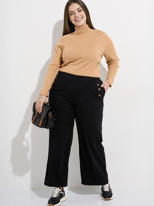 Pantalon à pont en velours grosses cotes Femme Grande Taille Noir MA-M1110-1653 MV1