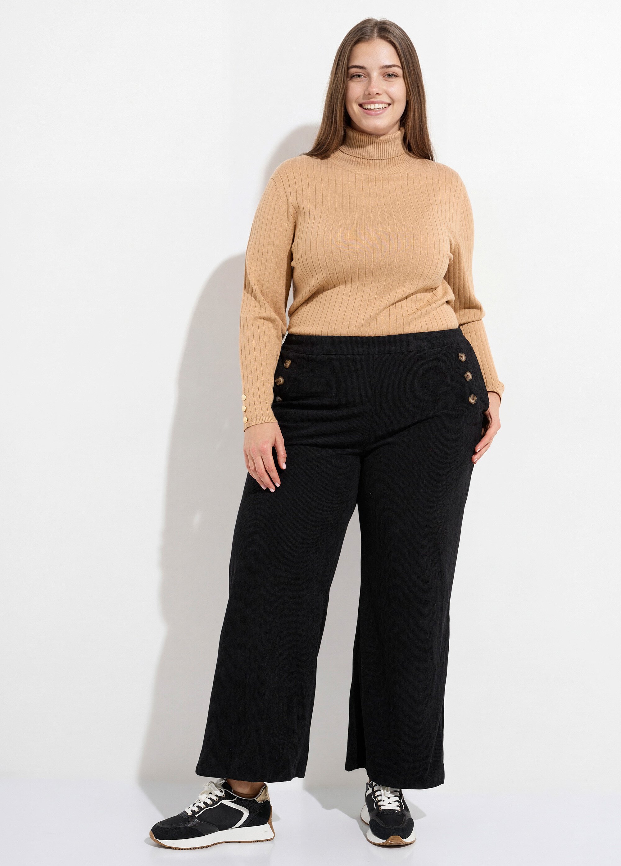 Pantalon à pont en velours grosses cotes Femme Grande Taille Noir MA-M1110-1653 SF1