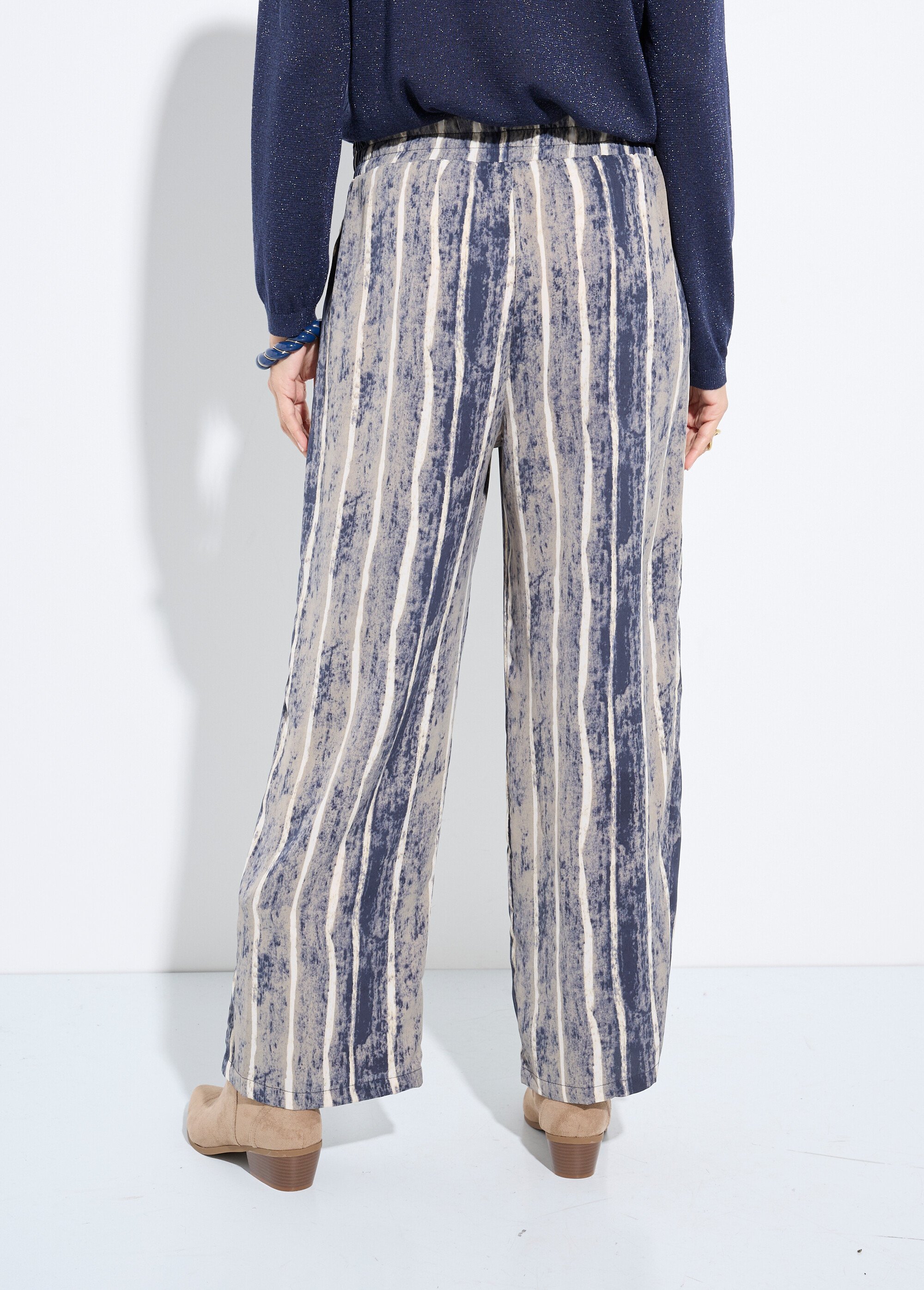 Pantalon fluide élastiqué, imprimé rayé Femme Gris IA-R5976 DO1