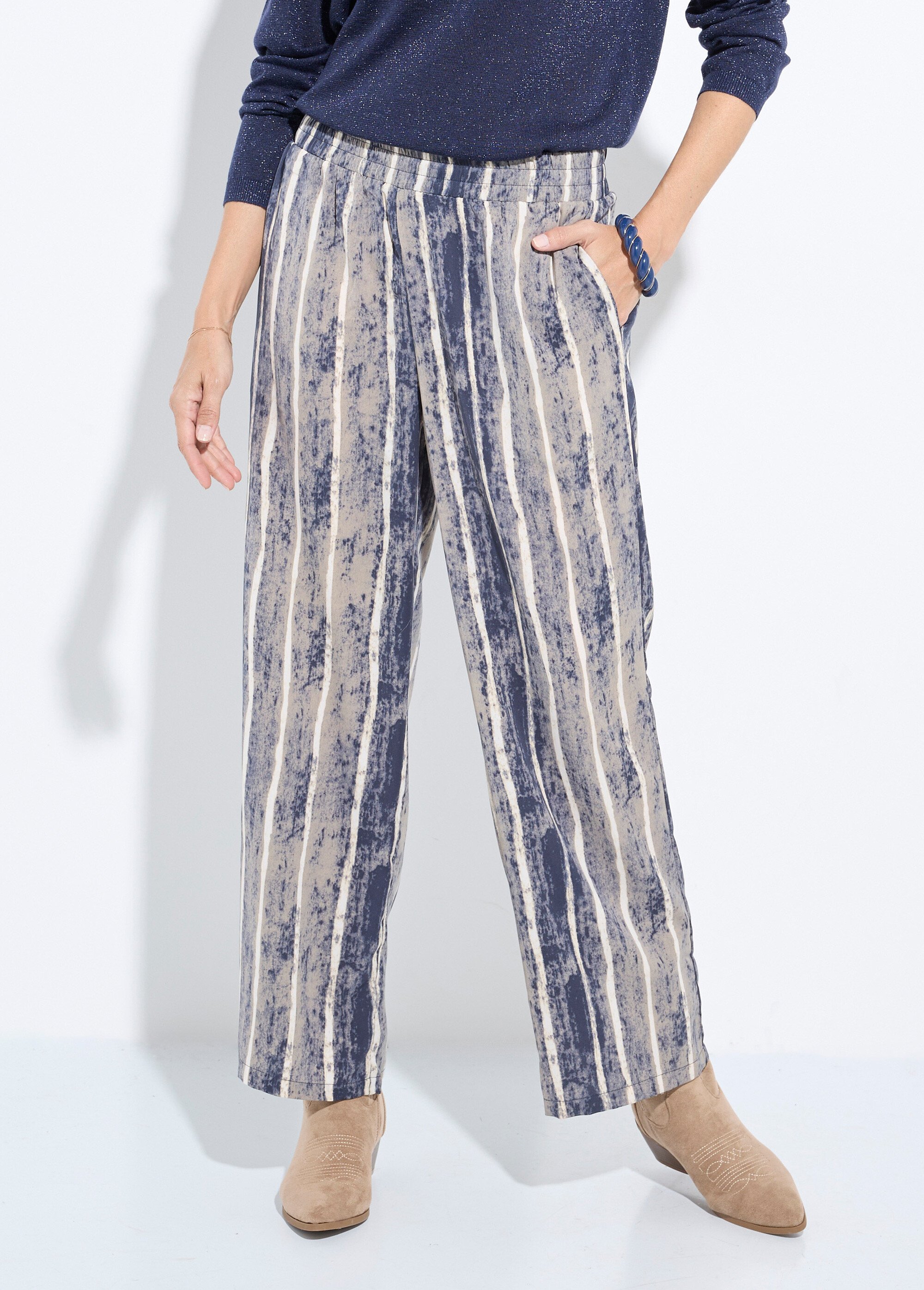 Pantalon fluide élastiqué, imprimé rayé Femme Gris IA-R5976 FA1