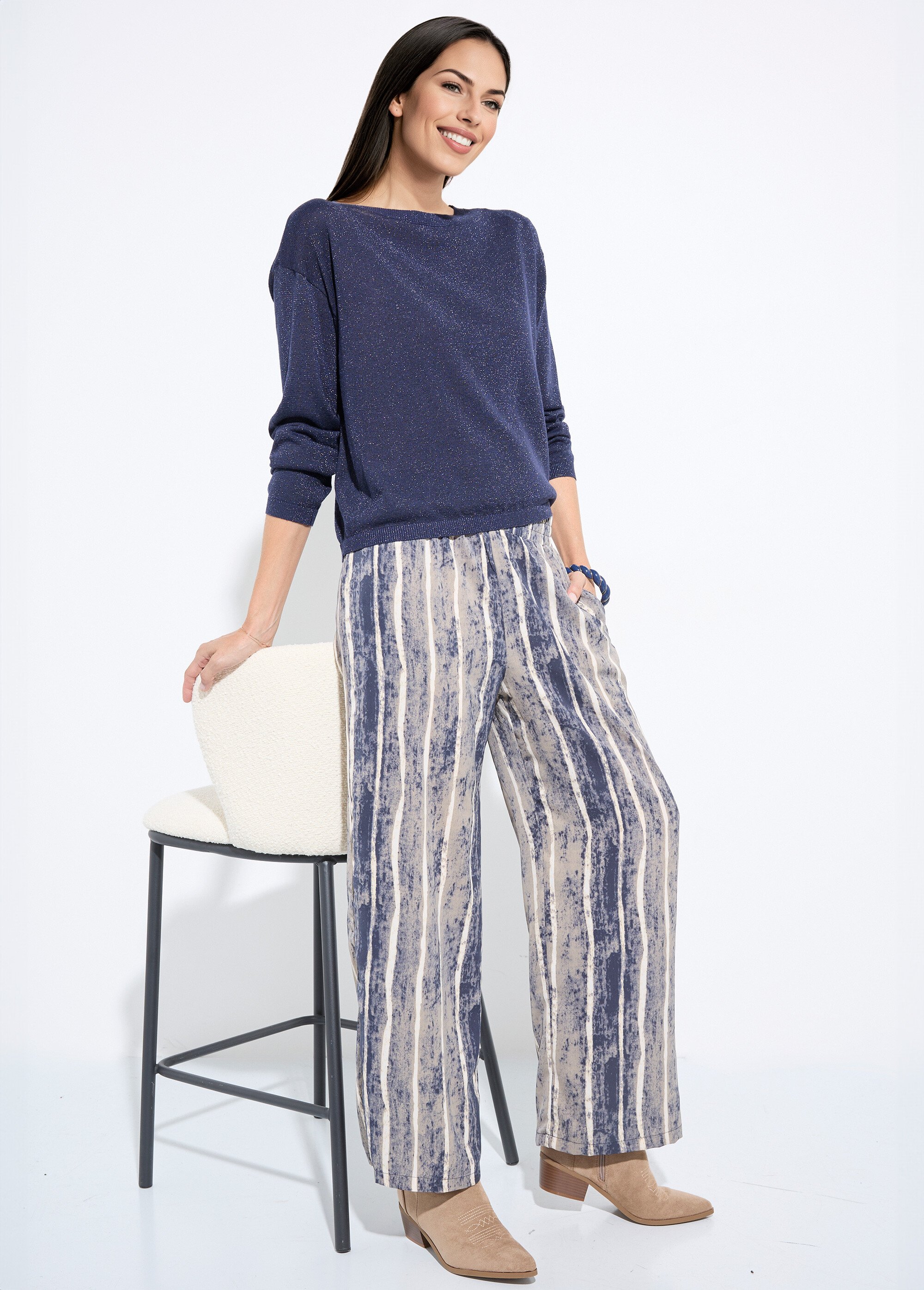 Pantalon fluide élastiqué, imprimé rayé Femme Gris IA-R5976 MV1