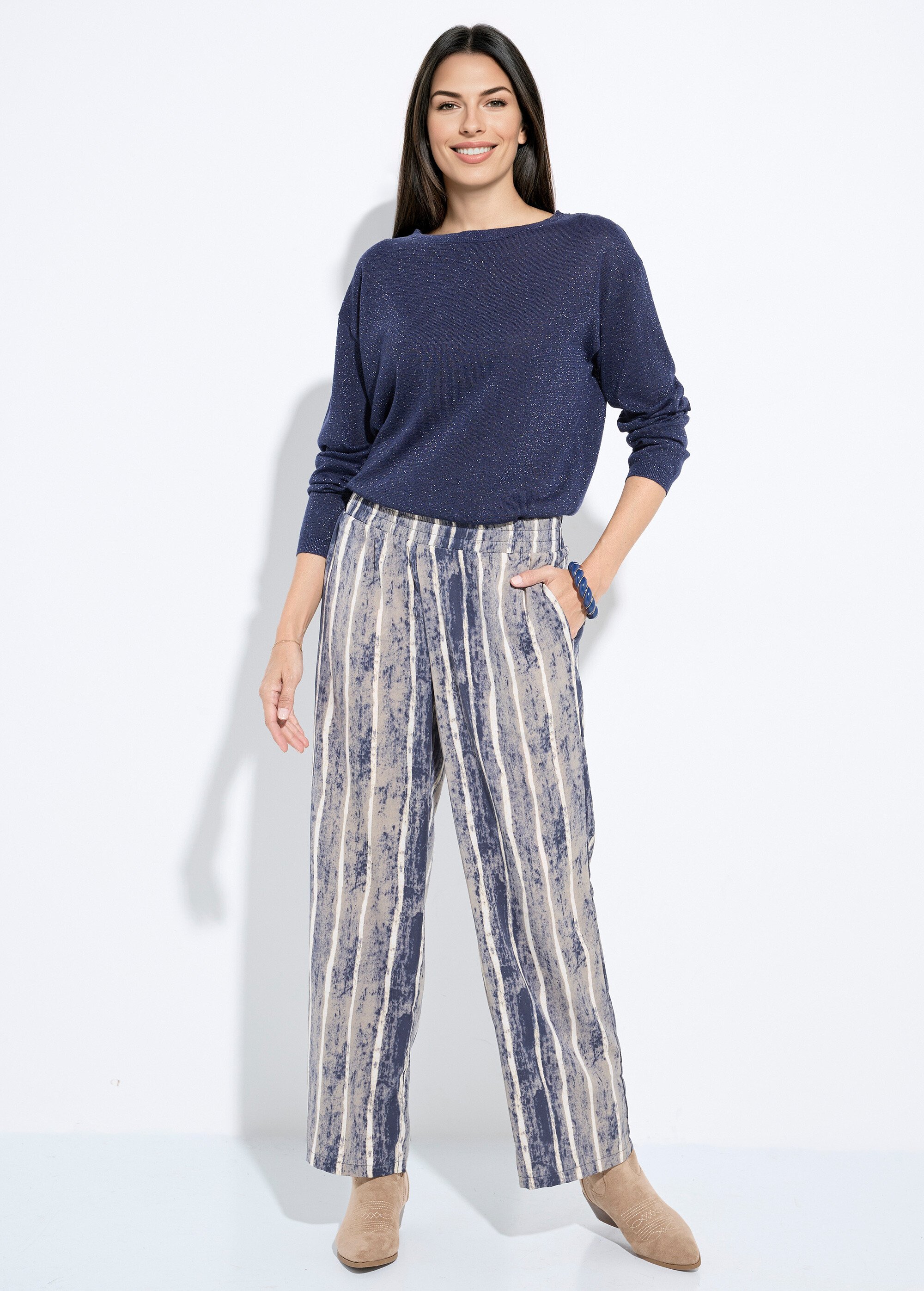 Pantalon fluide élastiqué, imprimé rayé Femme Gris IA-R5976 SF1