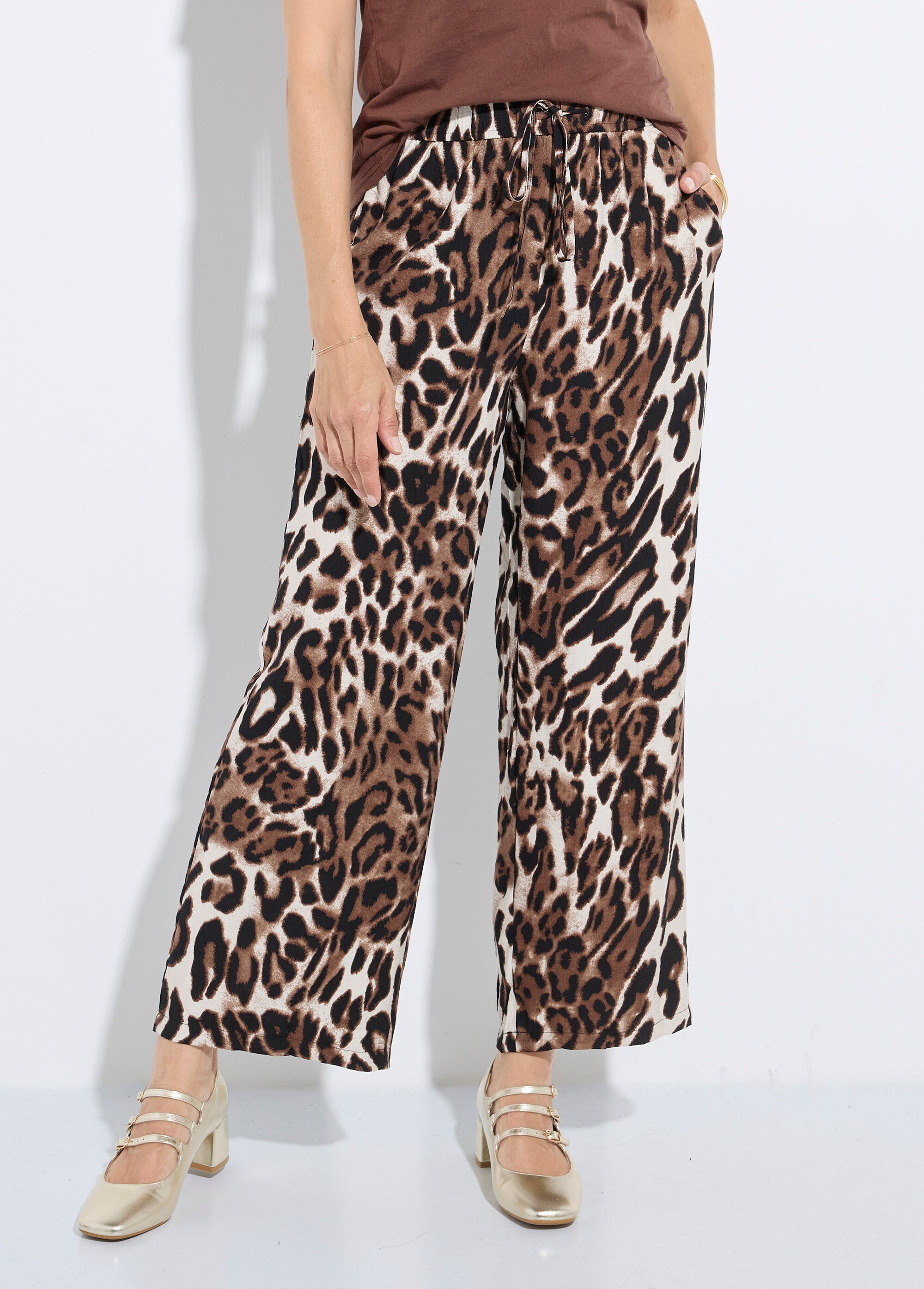 Pantalon fluide élastiqué motif animalier Femme Noir IA-C810 FA1