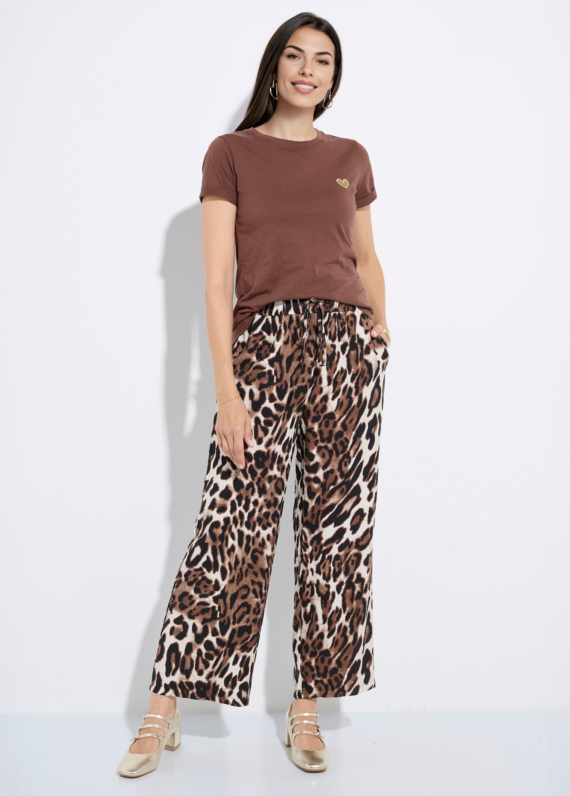 Pantalon fluide élastiqué motif animalier Femme Noir IA-C810 SF1