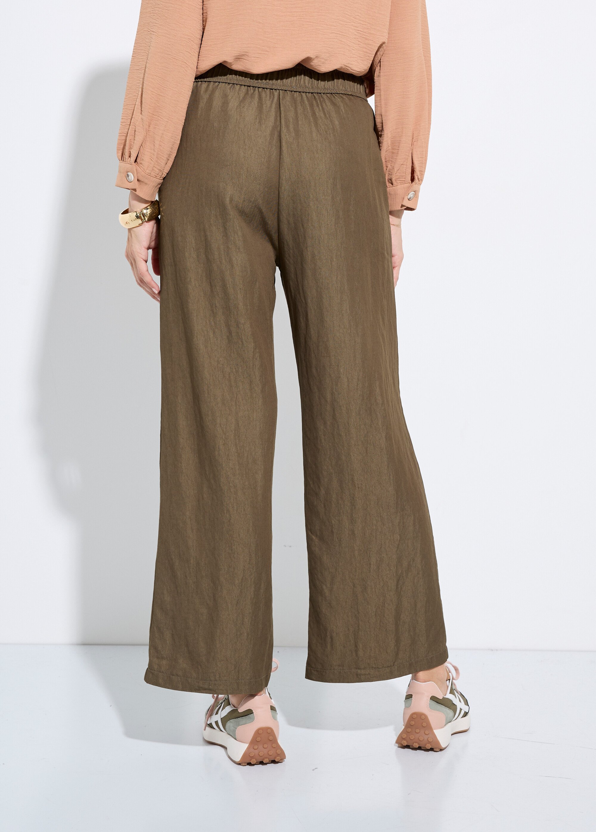 Pantalon fluide élastiqué twill uni Femme Vert IA-R5995 DO1