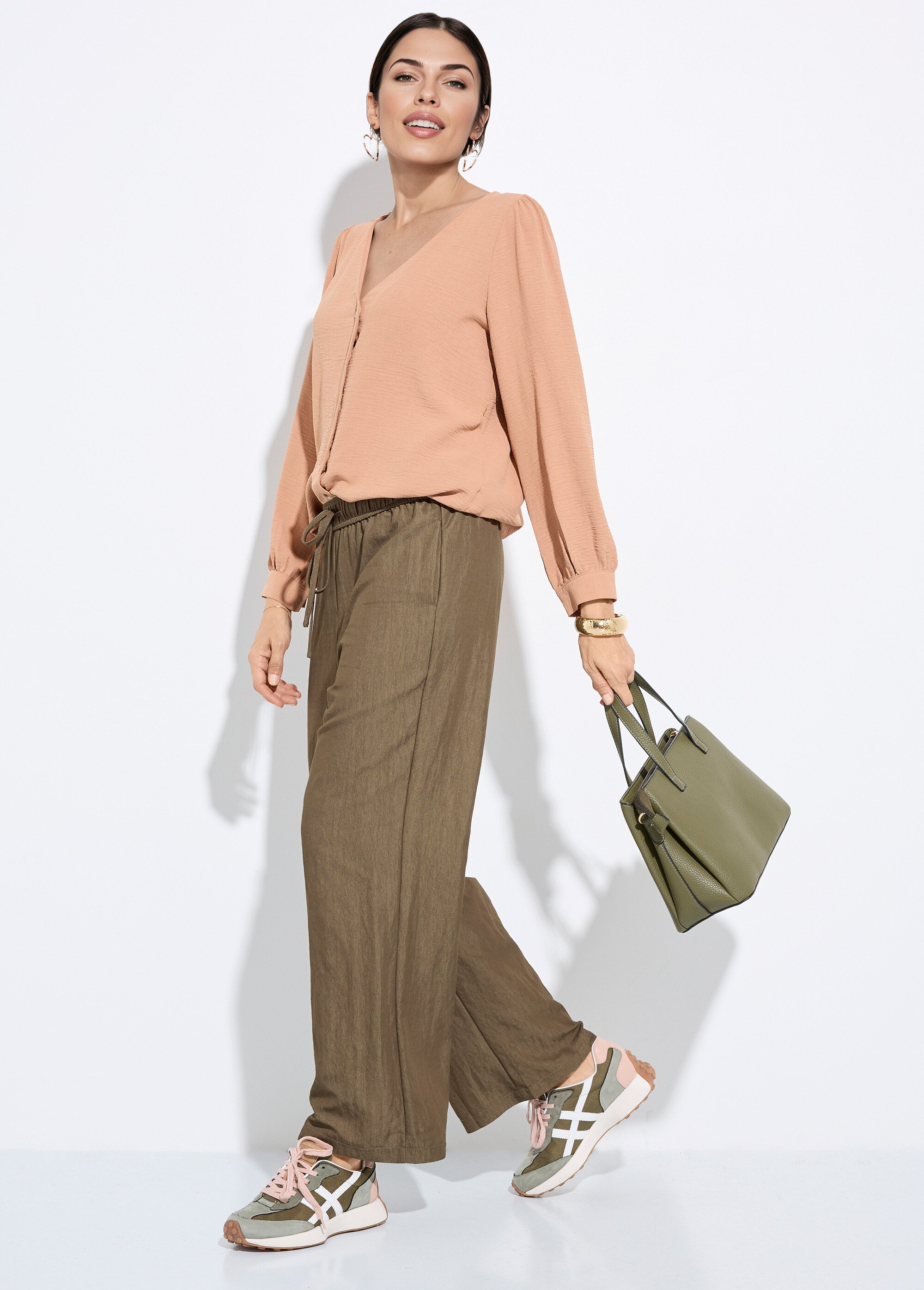 Pantalon fluide élastiqué twill uni Femme Vert IA-R5995 MV1
