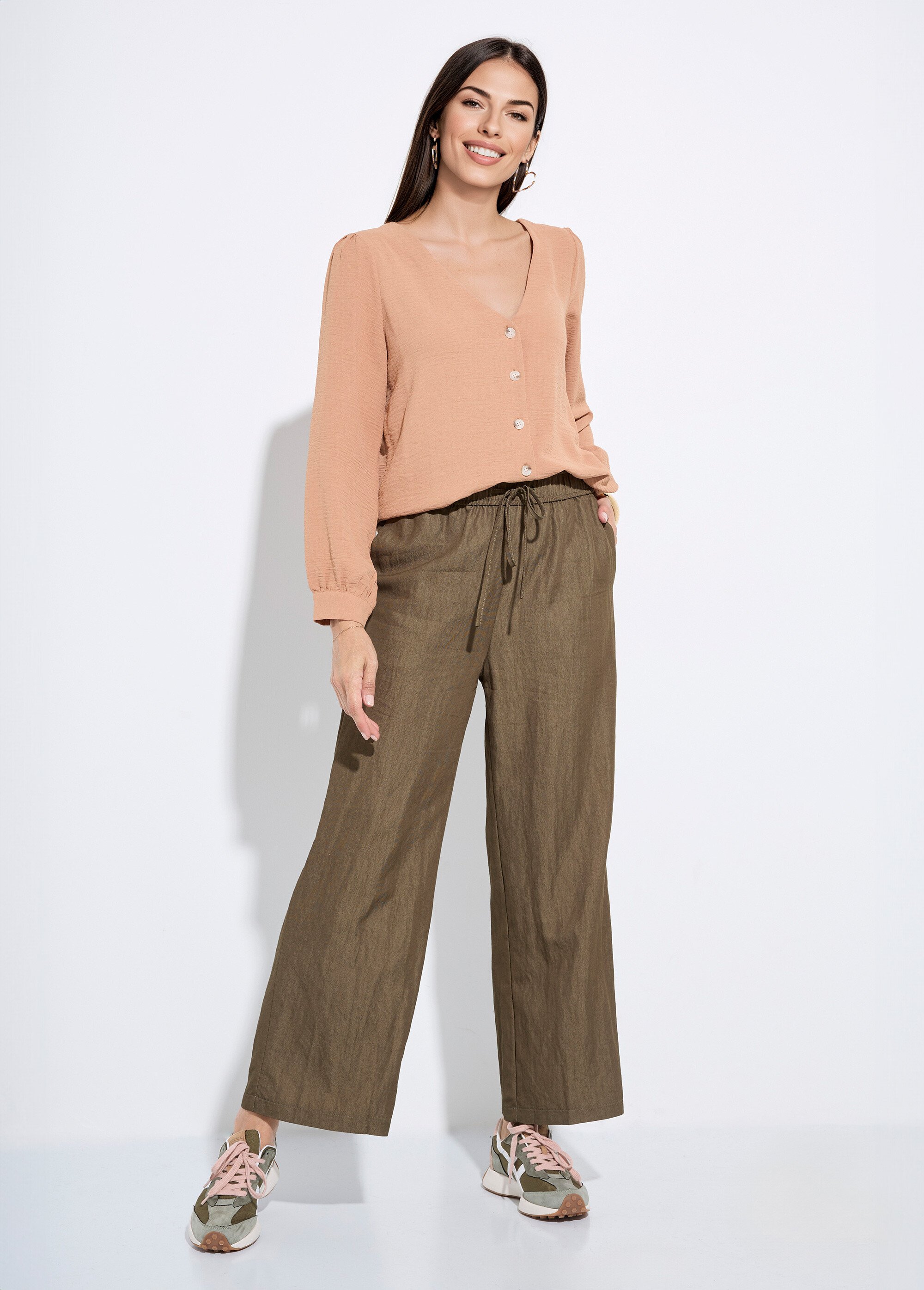 Pantalon fluide élastiqué twill uni Femme Vert IA-R5995 SF1