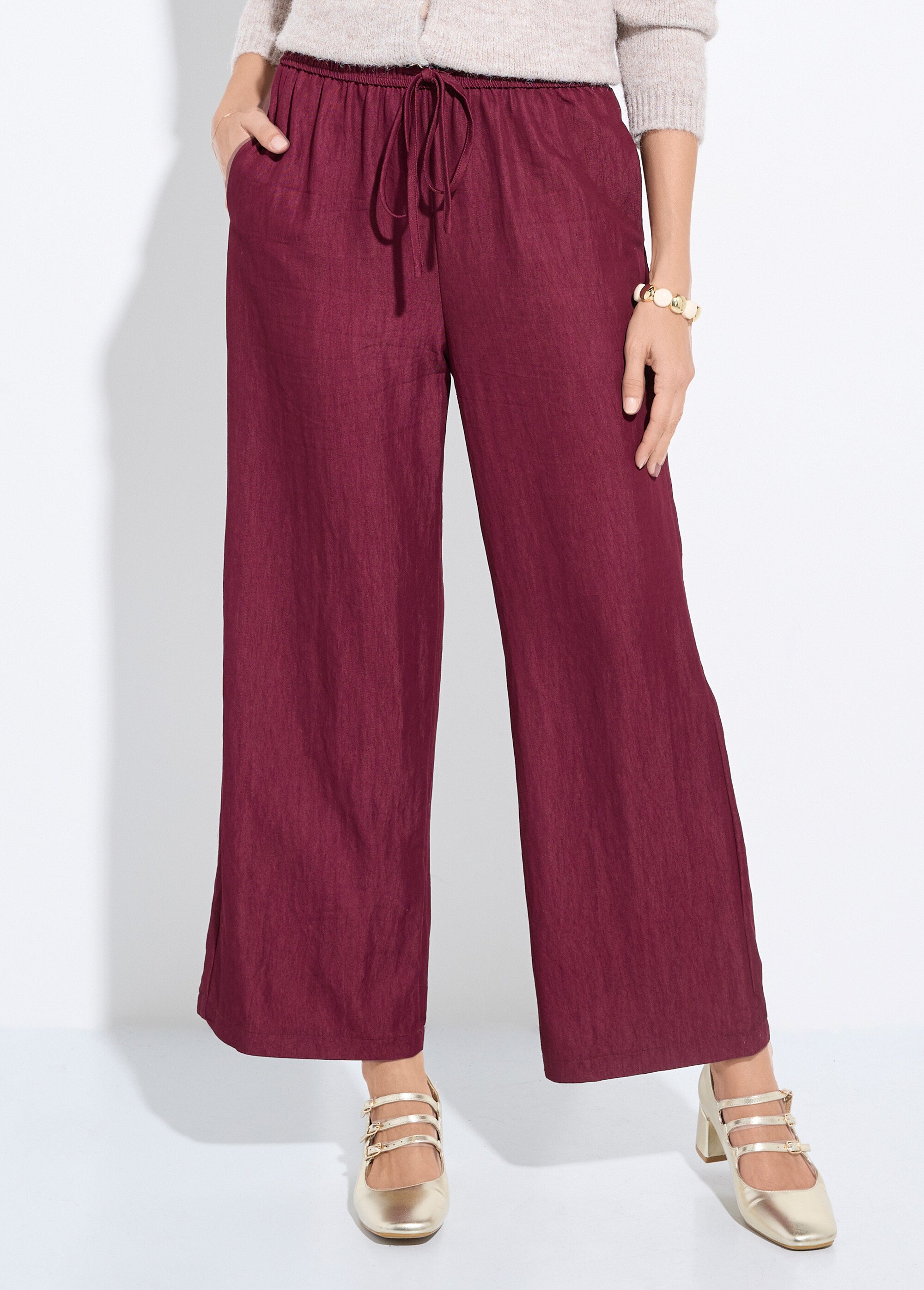 Pantalon fluide élastiqué twill uni Femme Rouge IA-R5995 FA1