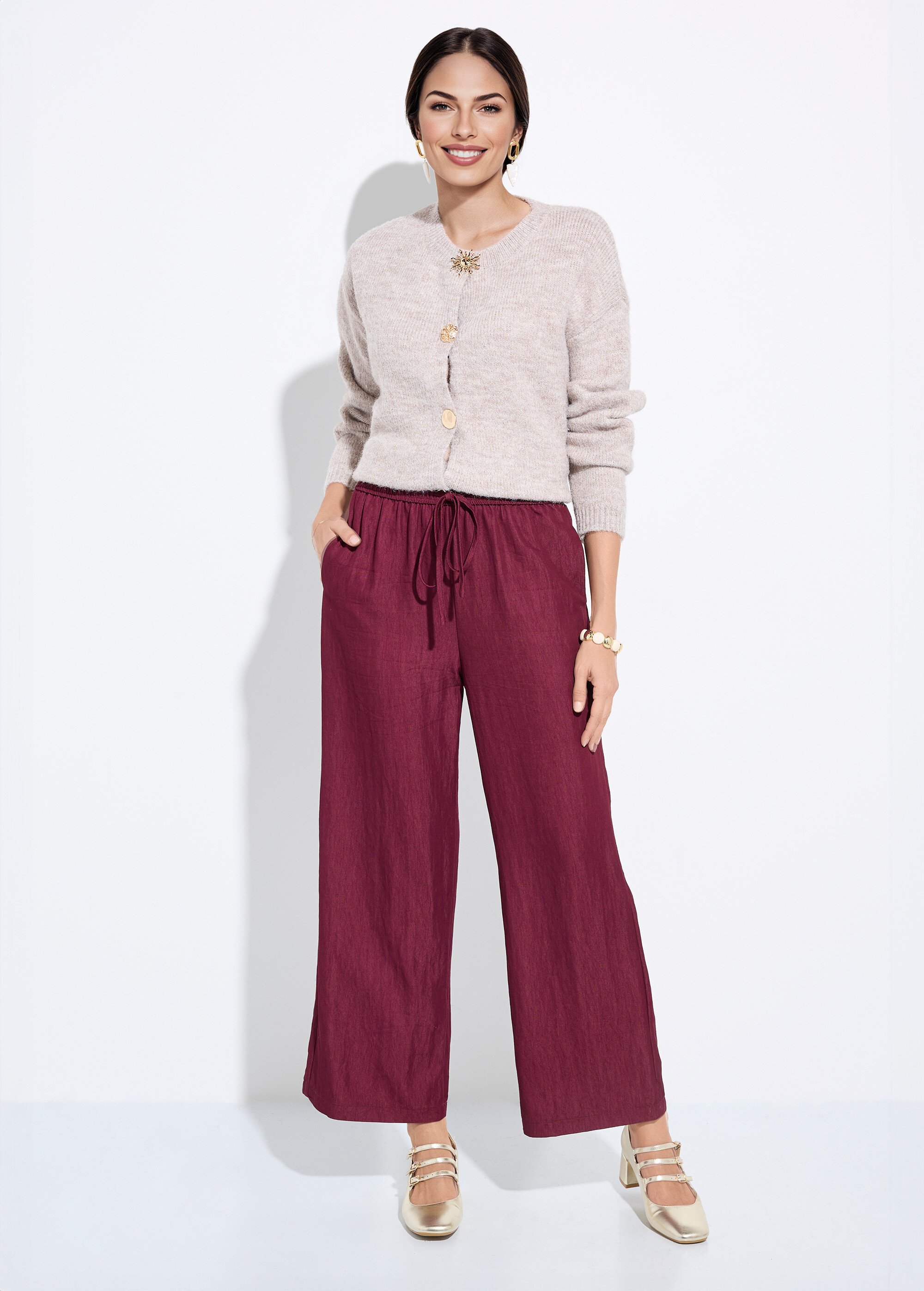 Pantalon fluide élastiqué twill uni Femme Rouge IA-R5995 SF1