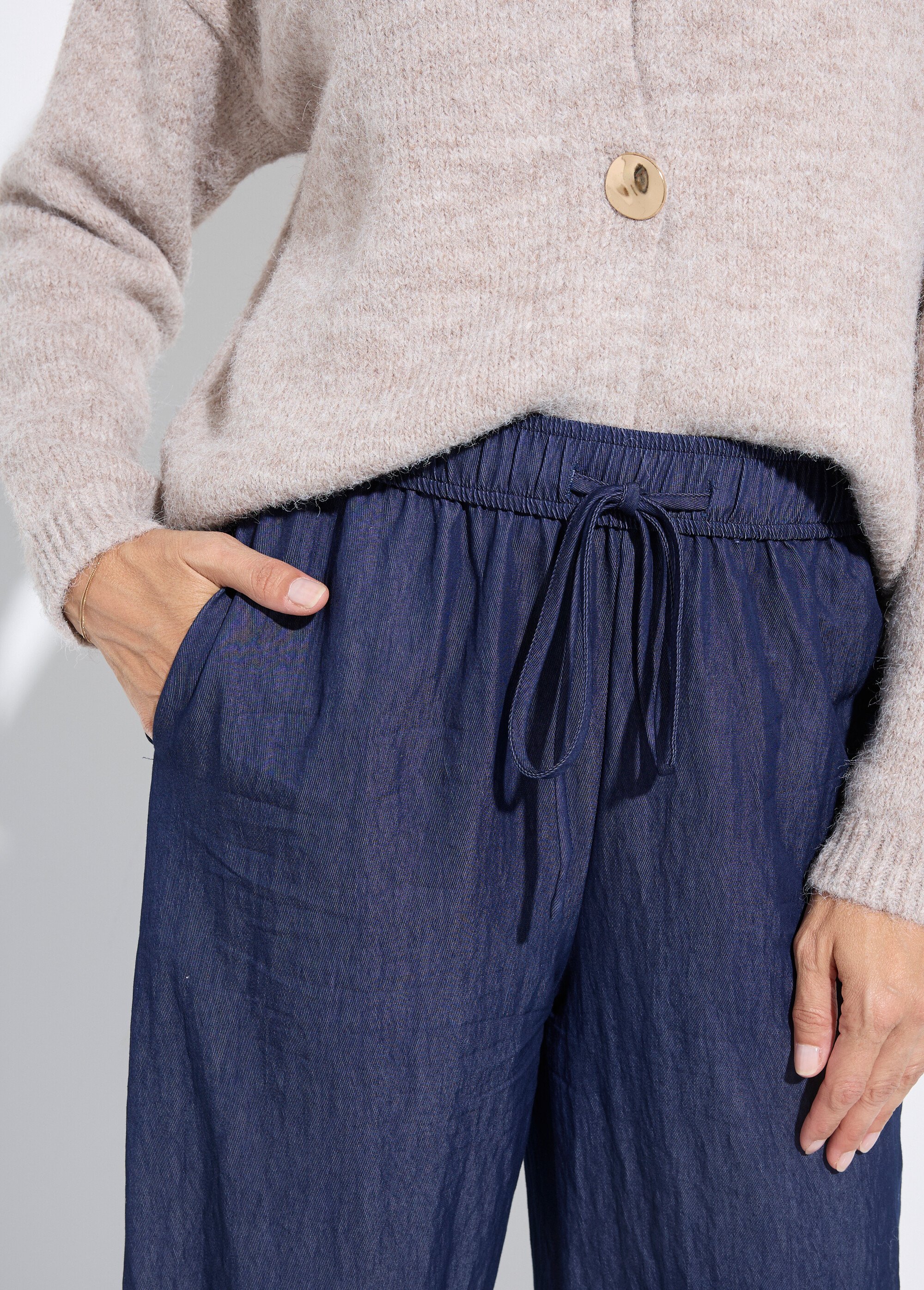 Pantalon fluide élastiqué twill uni Femme Bleu IA-R5995 DE1