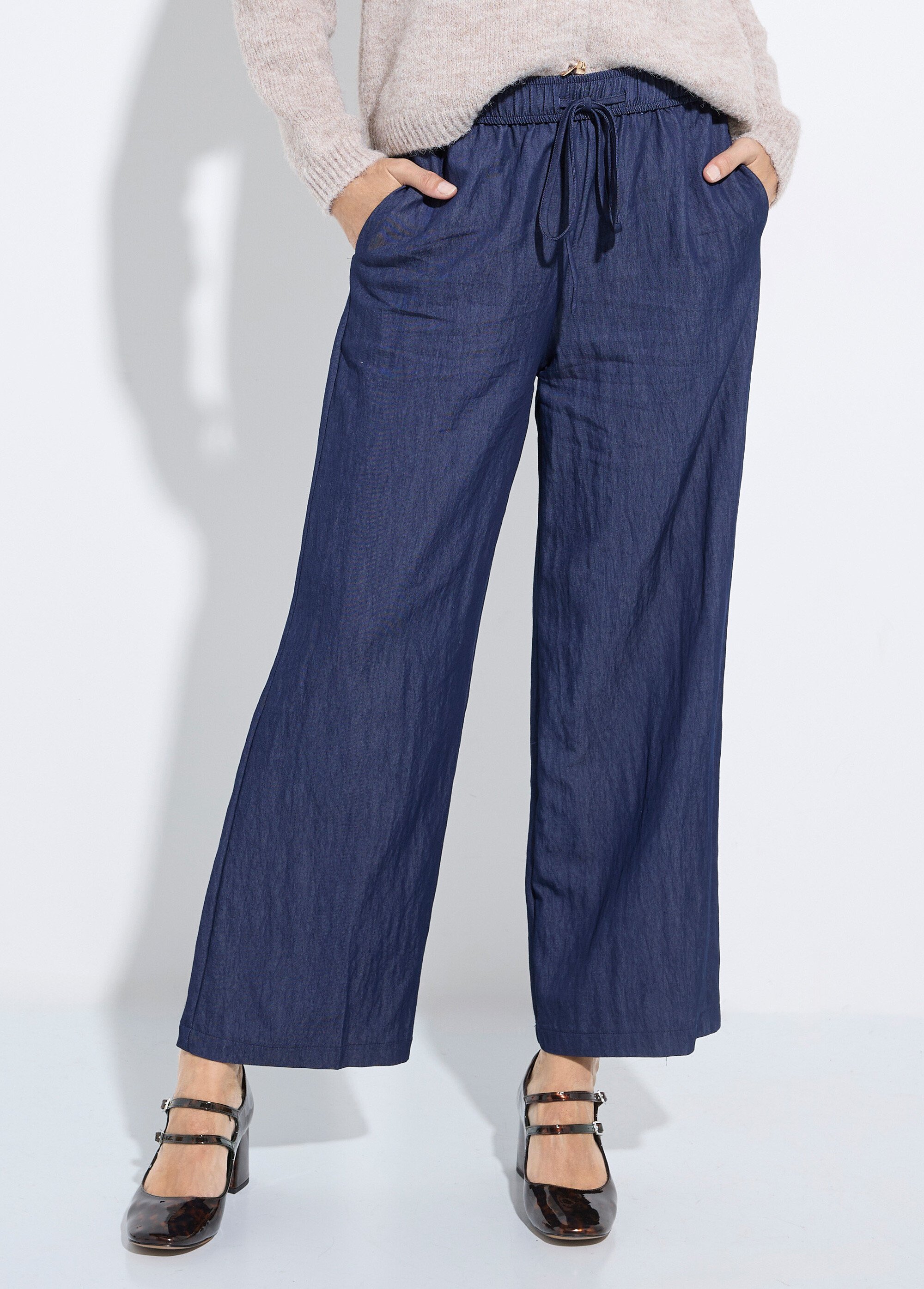 Pantalon fluide élastiqué twill uni Femme Bleu IA-R5995 FA1