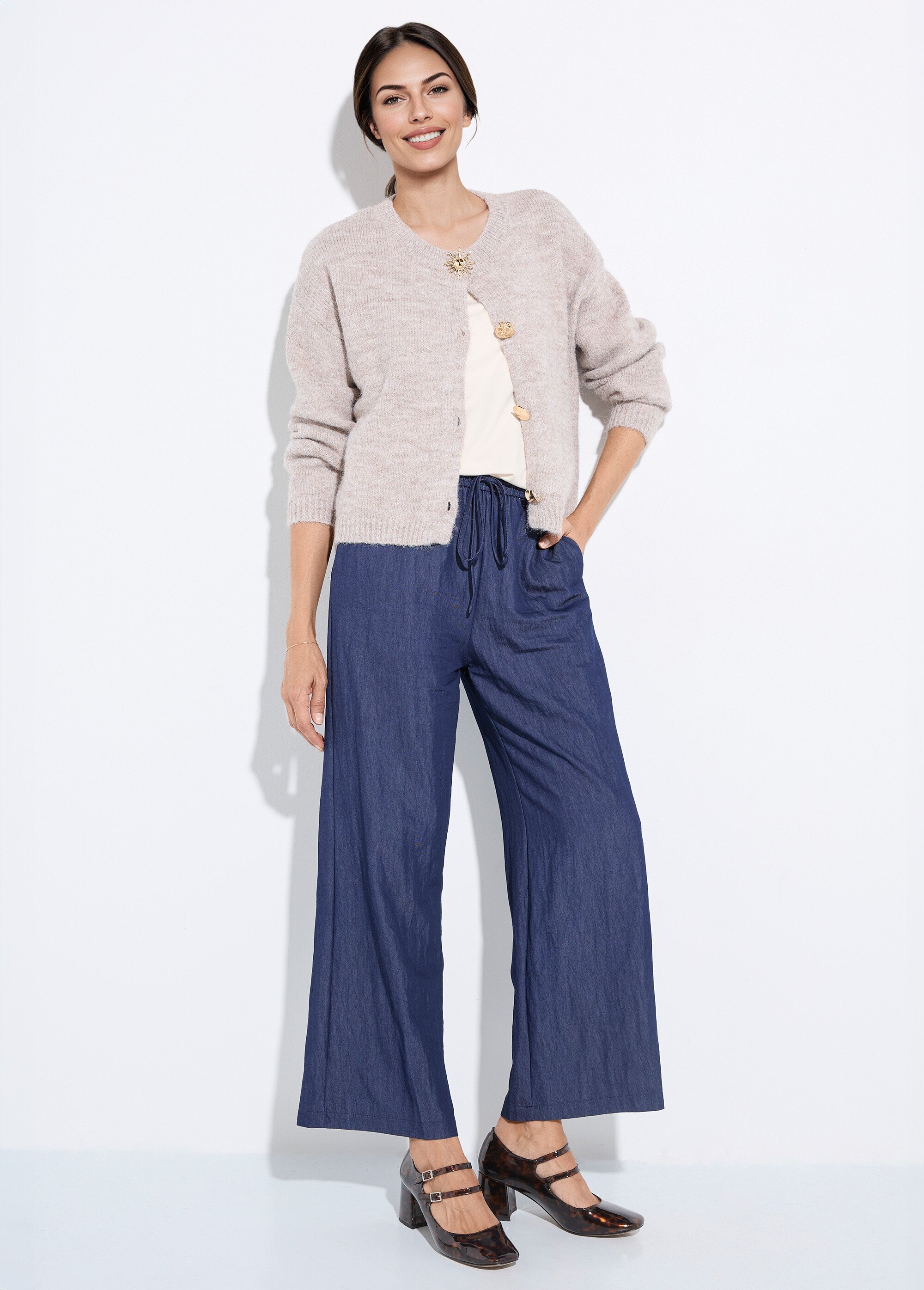 Pantalon fluide élastiqué twill uni Femme Bleu IA-R5995 MV1