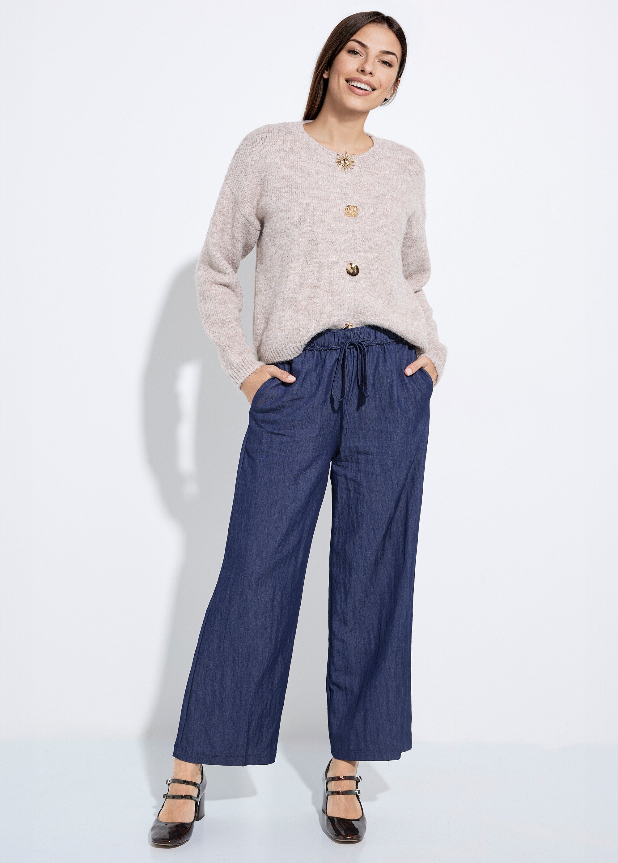 Pantalon fluide élastiqué twill uni Femme Bleu IA-R5995 SF1