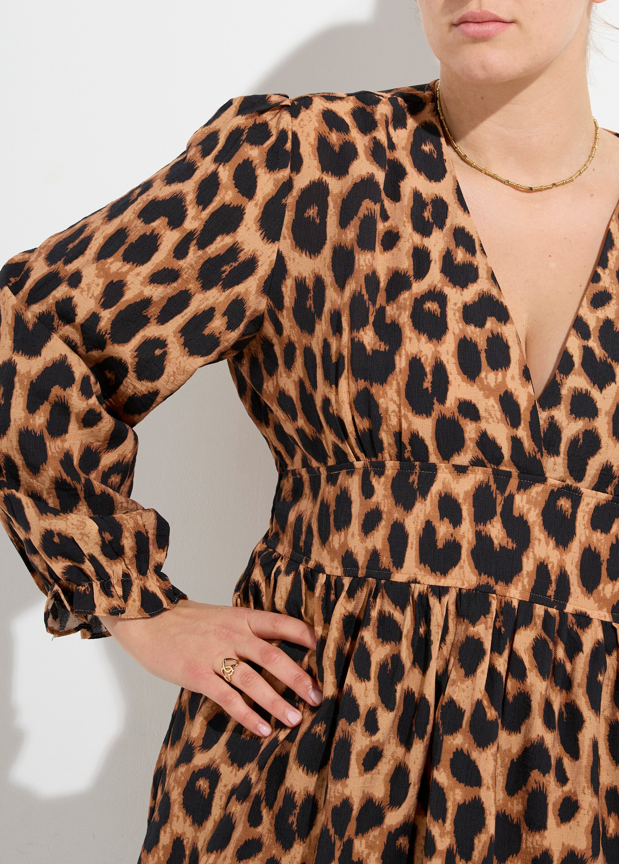 Robe col V taille haute, motif léopard Femme Grande Taille Marron MA-M913-2198 DE1