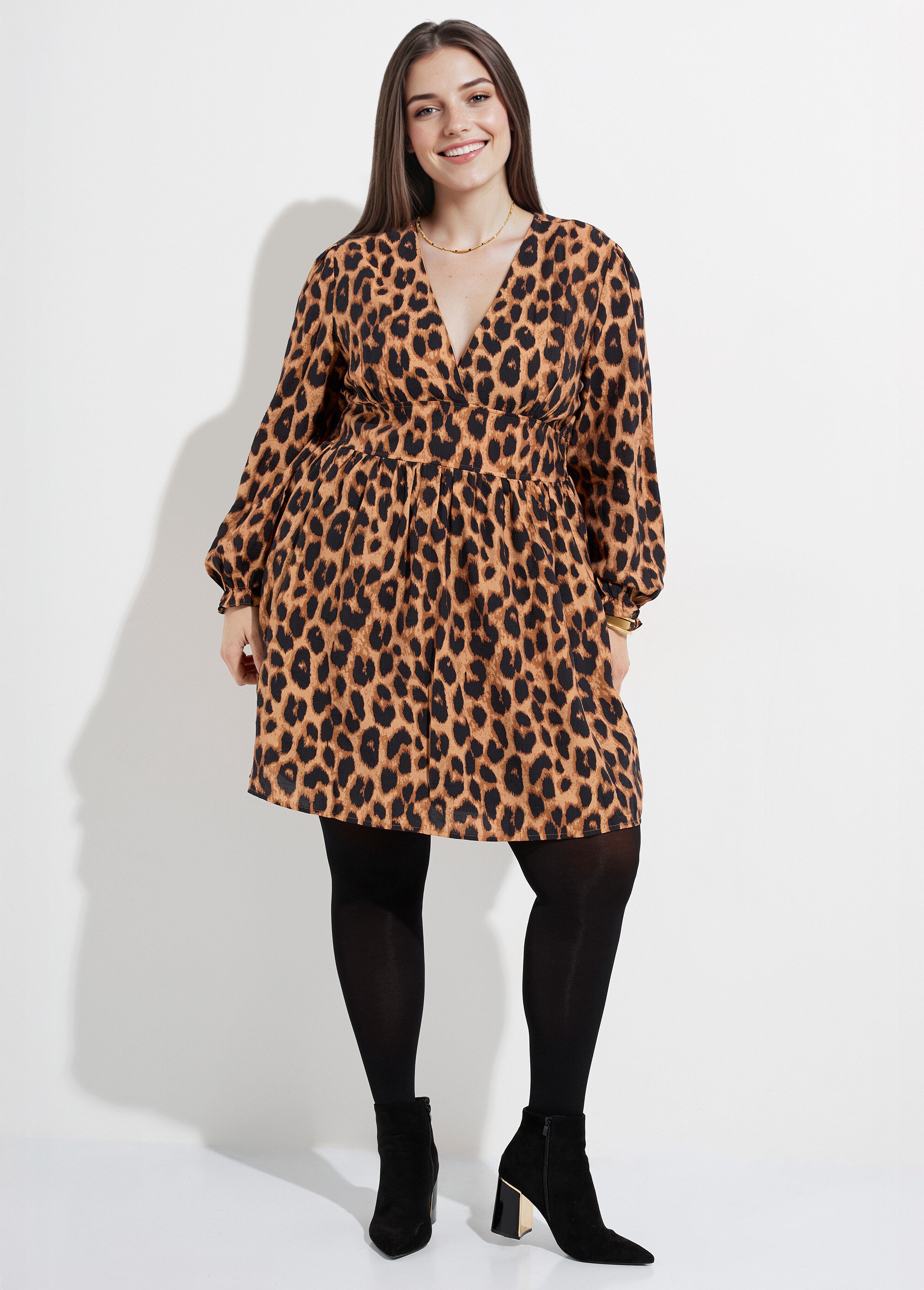 Robe col V taille haute, motif léopard Femme Grande Taille Marron MA-M913-2198 MV1