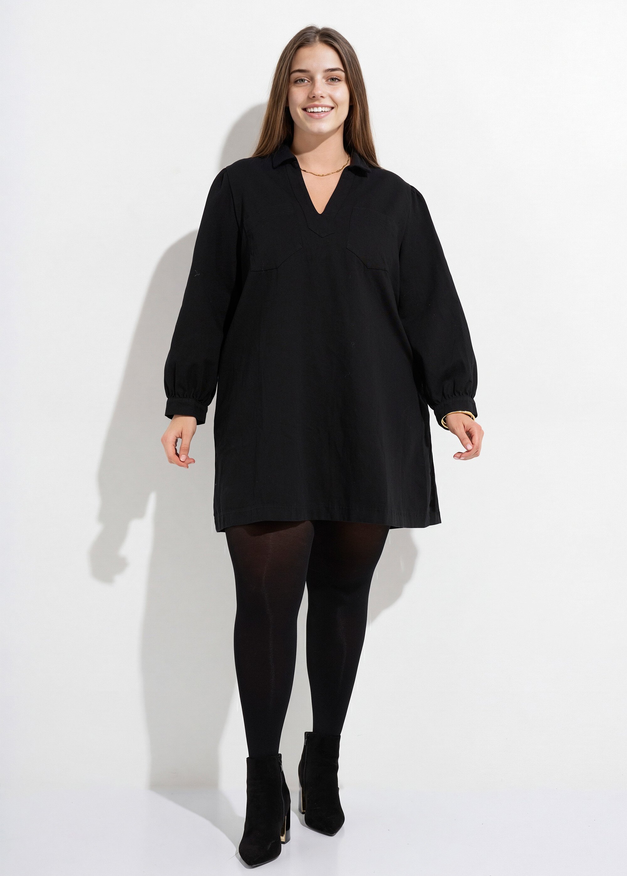Robe housse col V avec boutons métal Femme Grande Taille Noir MA-M935-2255 FA1