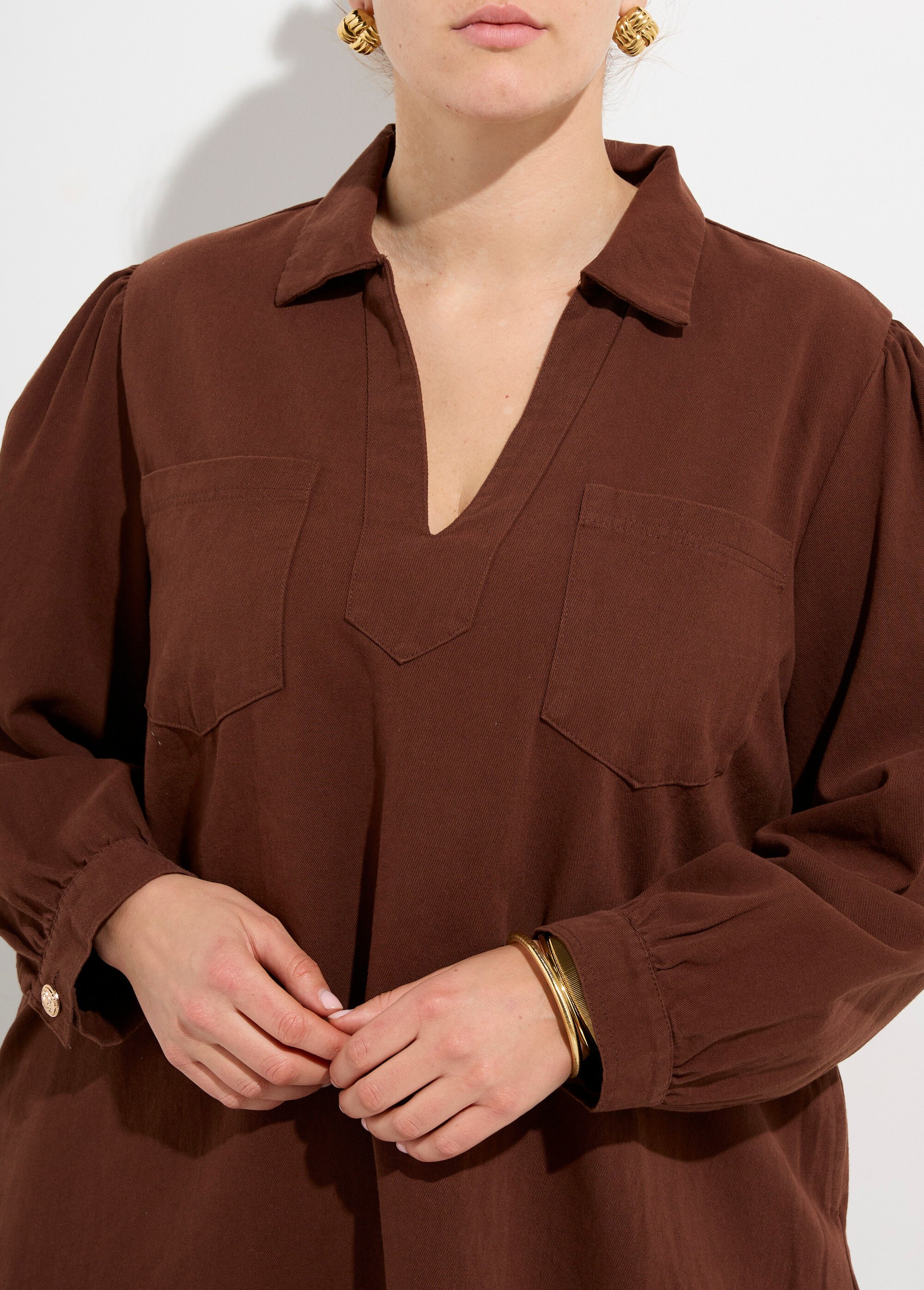 Robe housse col V avec boutons métal Femme Grande Taille Marron MA-M935-2255 DE1