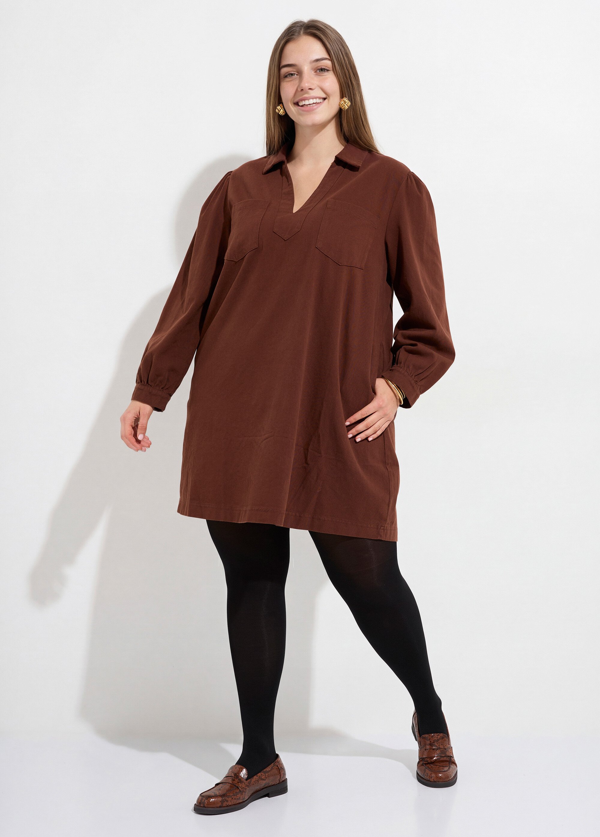 Robe housse col V avec boutons métal Femme Grande Taille Marron MA-M935-2255 FA1