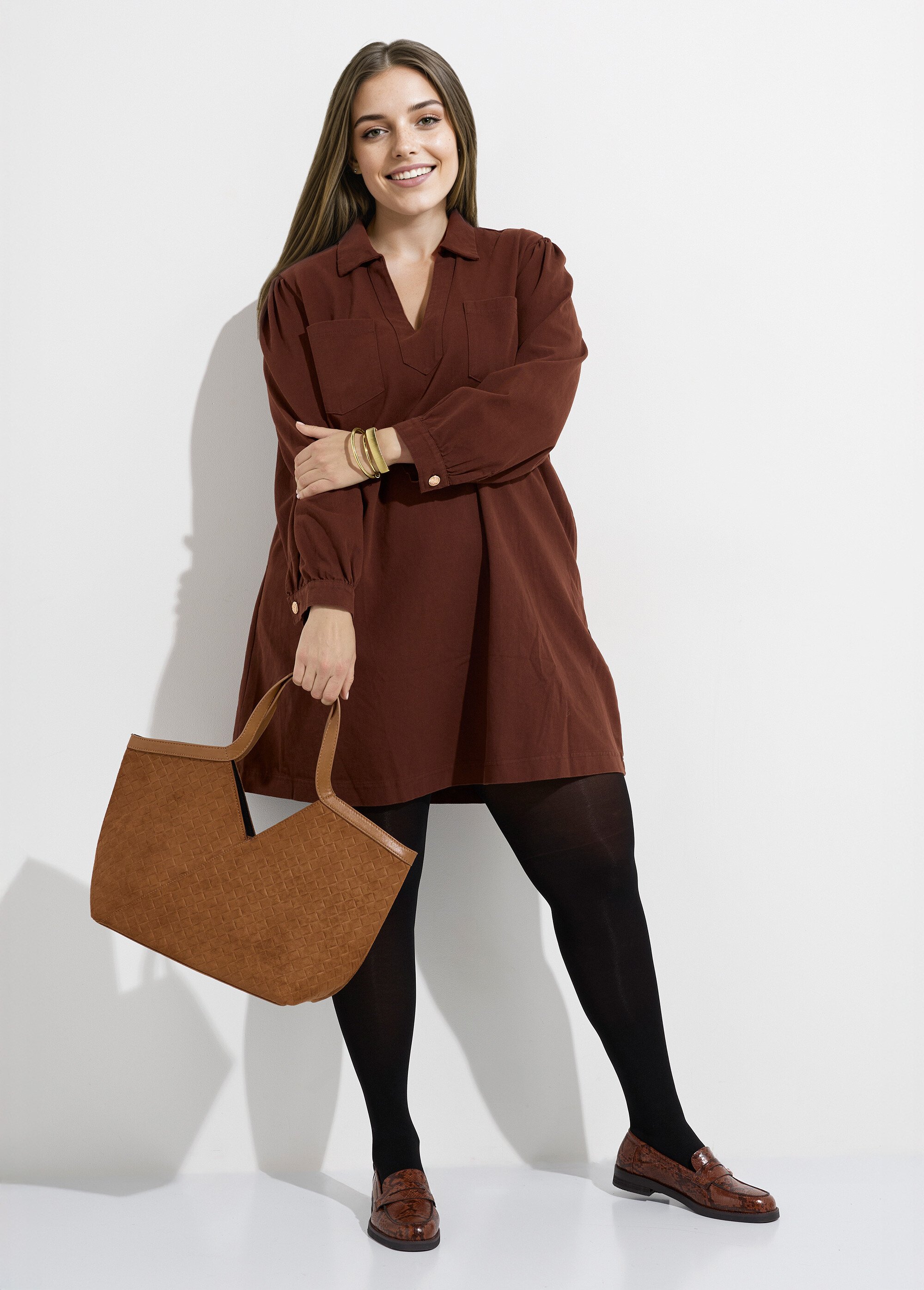 Robe housse col V avec boutons métal Femme Grande Taille Marron MA-M935-2255 MV1