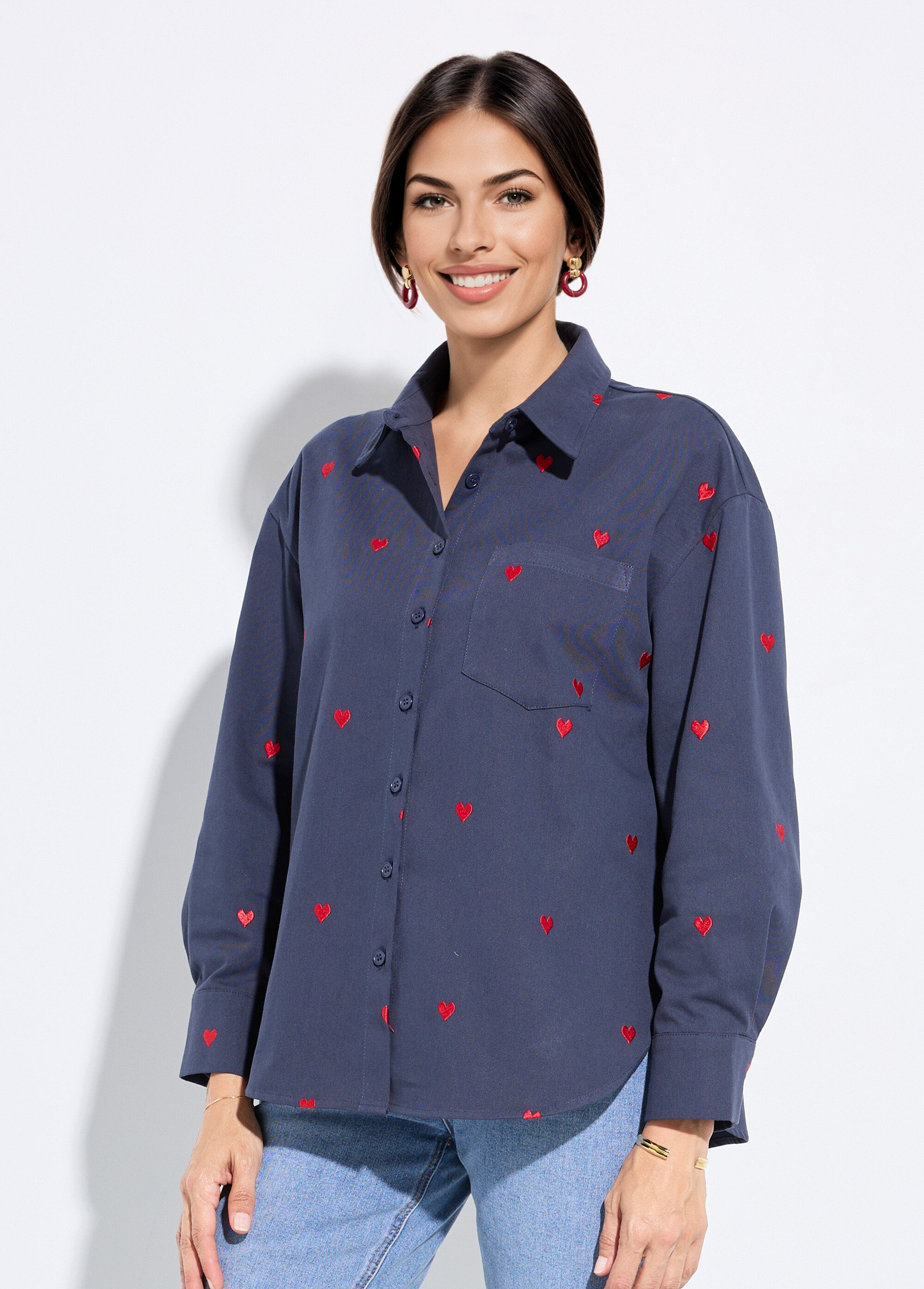 Surchemise en twill avec cœur brodés Femme Bleu IA-Q3089 FA1