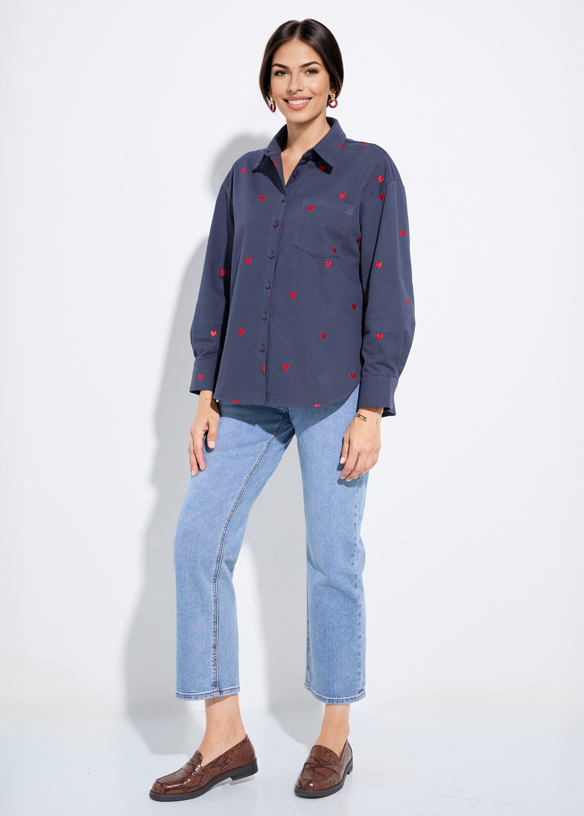 Surchemise en twill avec cœur brodés Femme Bleu IA-Q3089 SF1