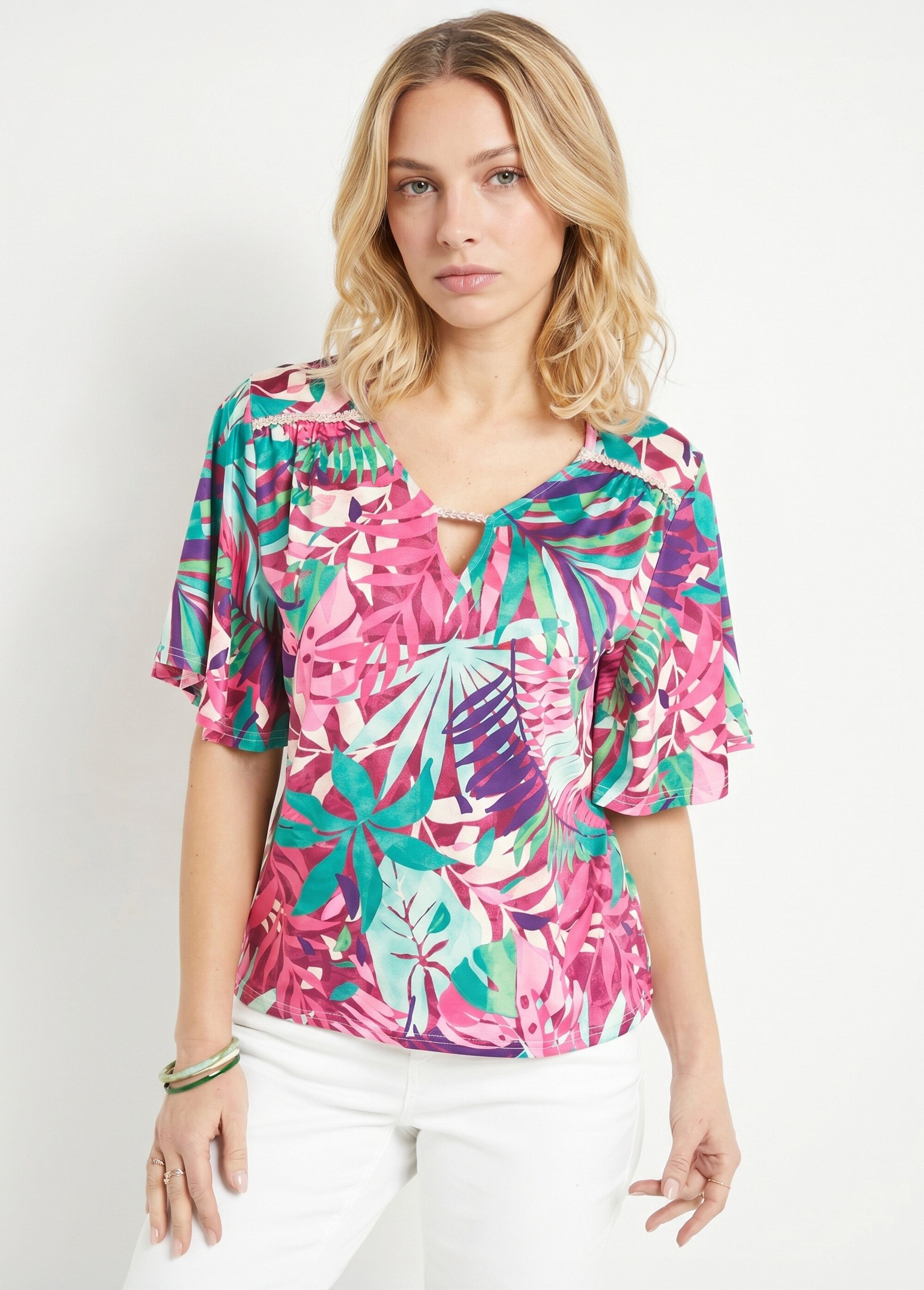 T-shirt imprimé tropical manches papillon Femme Rose CHARLYNE FA1