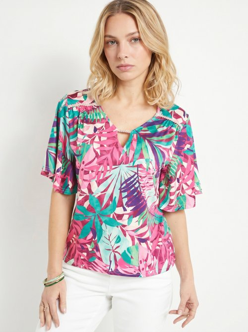 T-shirt imprimé tropical manches papillon Femme Rose CHARLYNE FA1