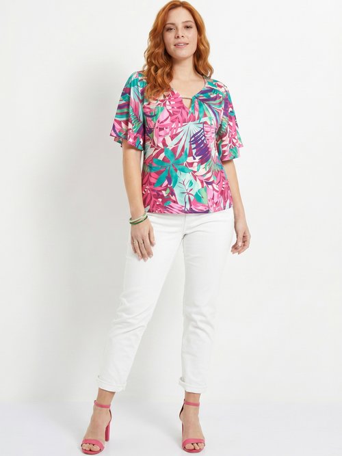 T-shirt imprimé tropical manches papillon Femme Grande Taille Rose CHARLYNE SI1