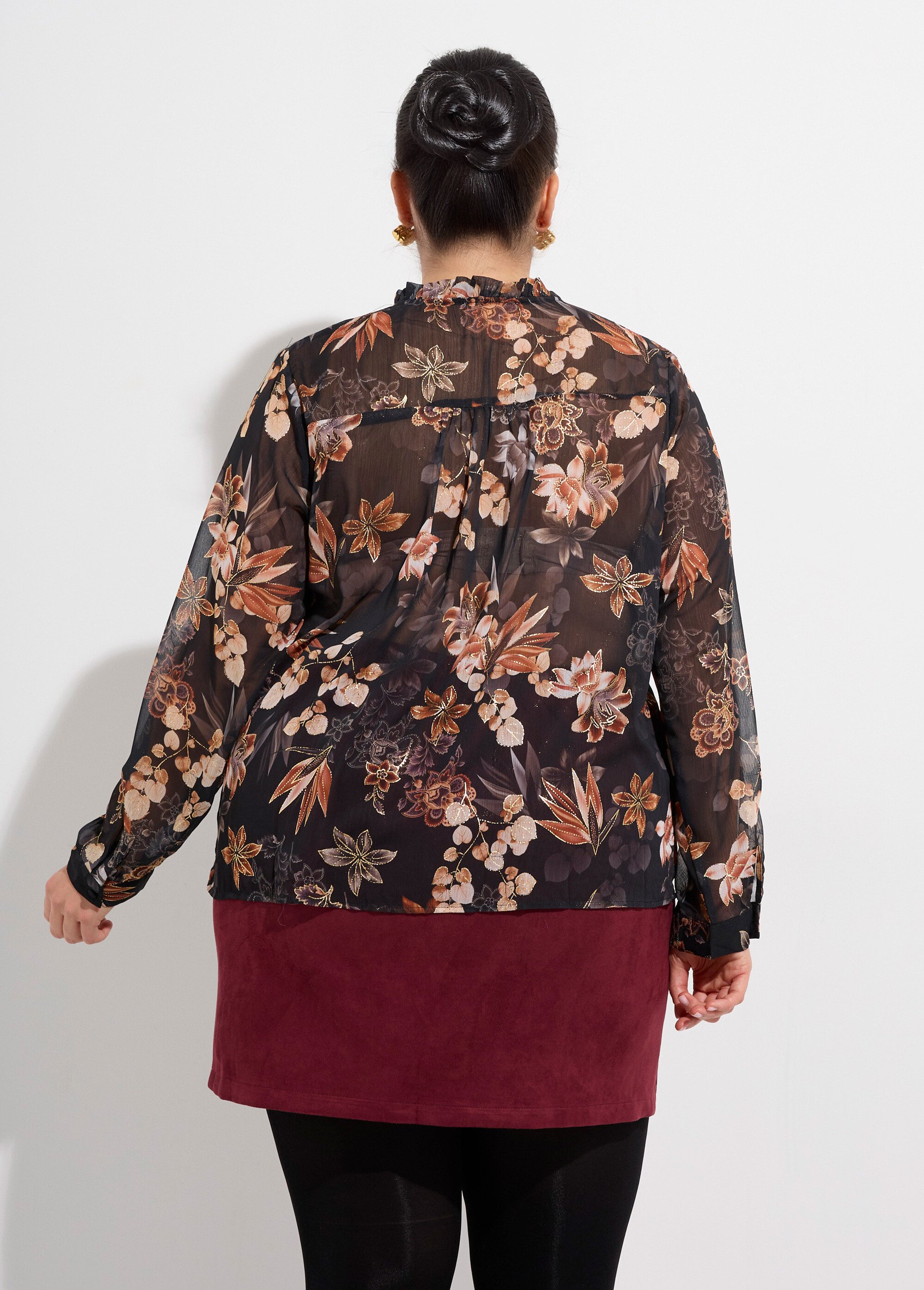 Tunique voile col V volanté, fleuri doré